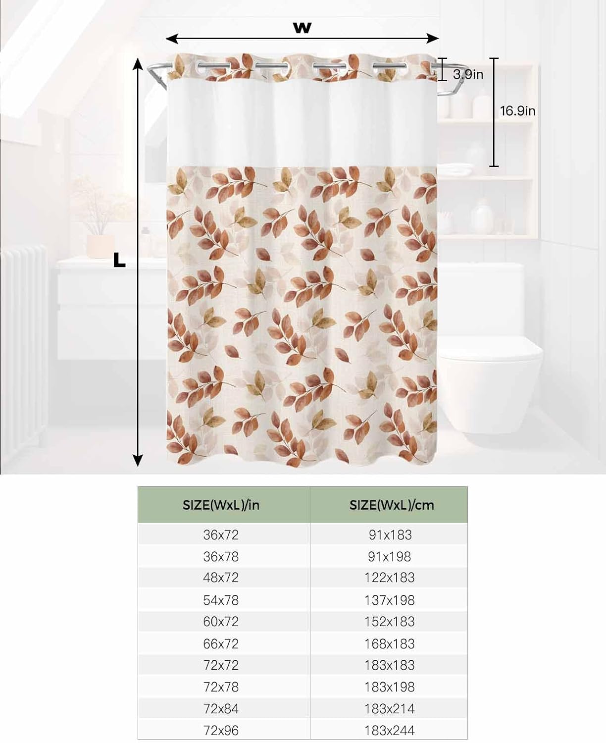 Waterproof Shower Curtain See Through Top Window with Snap Liner Set,Thanksgiving Eucalyptus Leaf Silhouette Linen Texture Double No Hook Shower Curtains for Bathroom Hotel Decor 72" W x 96 " L