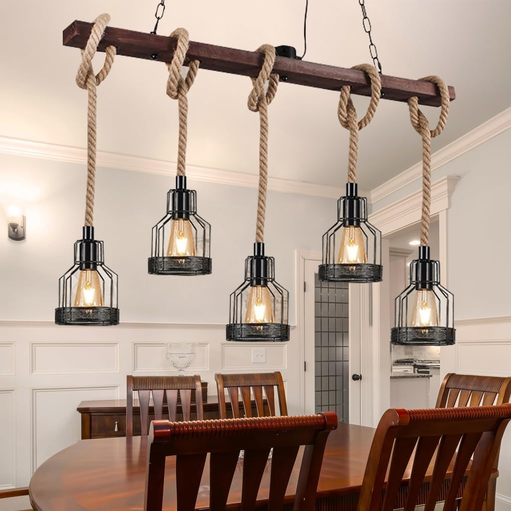 5 Lights Industrial Wooden Vintage Pendant Lamp Metal Chandelier Retro Ceiling Light Farmhouse Hanging LightingHeight Adjustable Fixture Height Adjustable Fixture for Pool Table Kitchen Island Bar