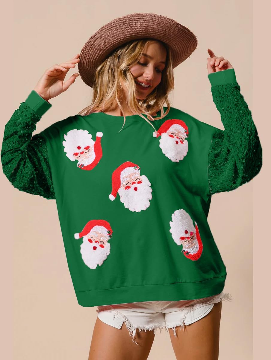 Seyumixi Women Christmas Sequined Long Sleeve Sweatshirt Cute Glitter Santa Holiday Crewneck Pullover Tops Xmas Gifts - Image 4