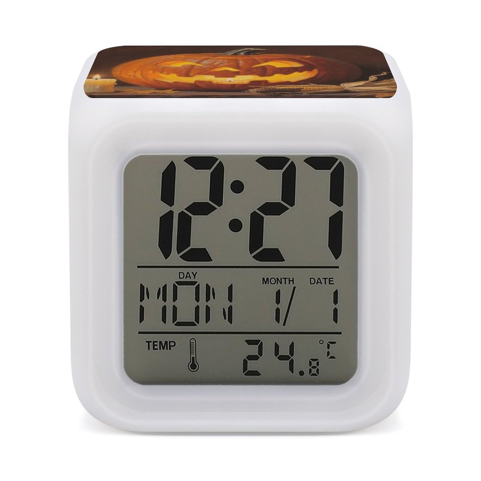 FodPand 7 Color Ambient Night Light Cube Battery Operated Pumpkin Digital Clock with Snooze Temperature LED Digital Alarm Clocks Dimmable Wake Up Light Portable Mood Lamp for Bedroom Desk Gift