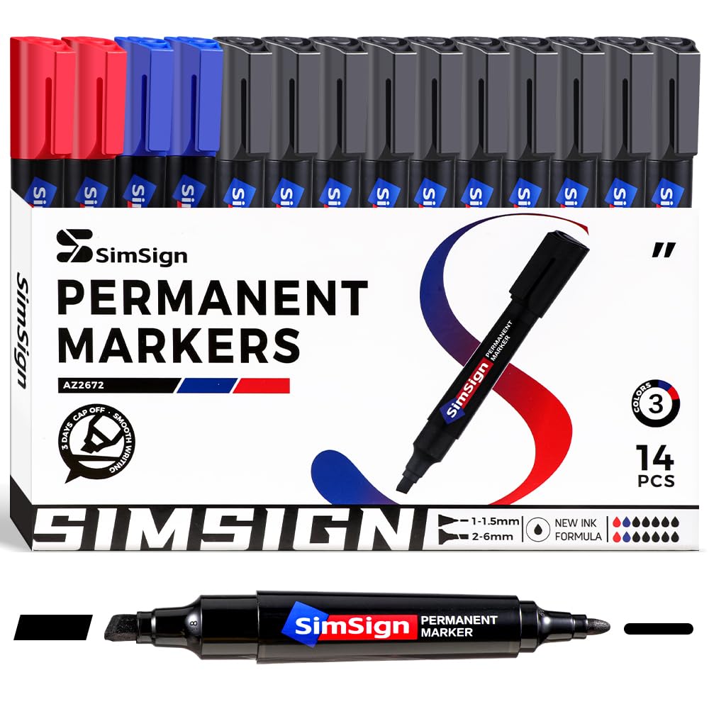 SimSign 14 Pack Dual Tip Permanent Marker Pens, 10 Black 2 Blue 2 Red Colored Marker, Chisel & Fine Tip, Waterproof & Quick Dry Thick Markers, Works on Most Surfaces, for Office School Art