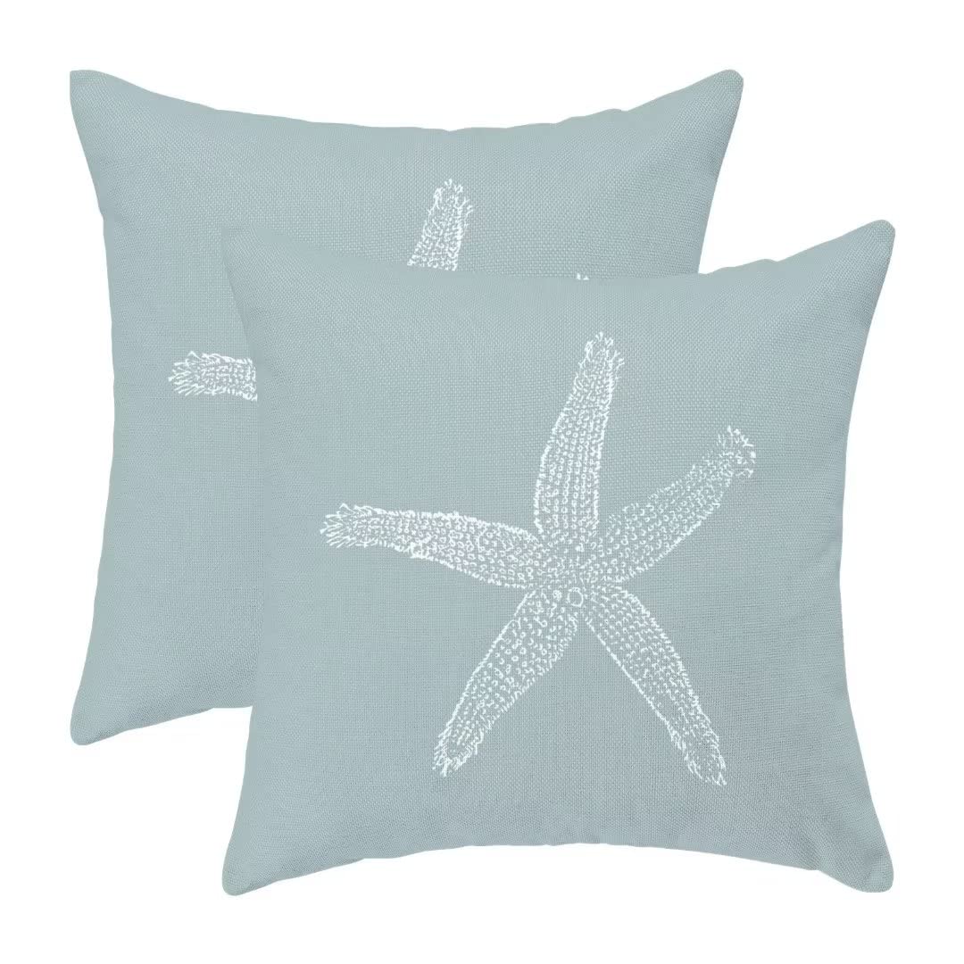 Coastal Pillow Covers 18 X 18 Inch Set of 2, Seafoam Blue Starfish Throw Pillow Covers Beach Pillowcase Linen Nautical Decor for Indoor Outdoor Home