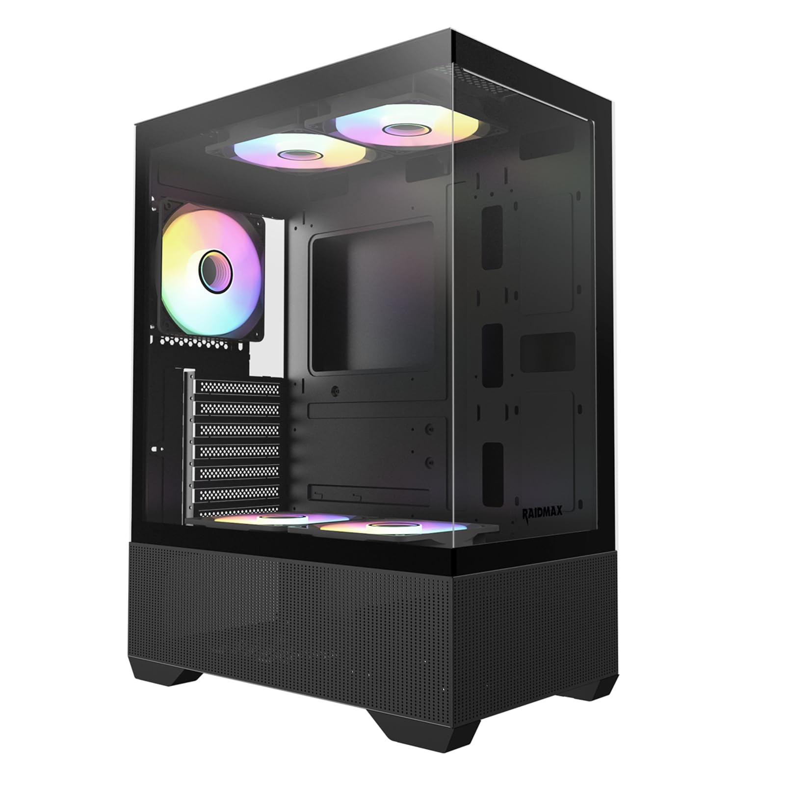Raidmax I802 Mesh Air Flow Compact Panoramic ATX Mid Tower Case – 270° View Tempered Glass, 5X Pre-Installed 120mm Static RGB Color Fans, Supports ATX/Micro ATX Motherboards, Max 340mm GPU (Black)