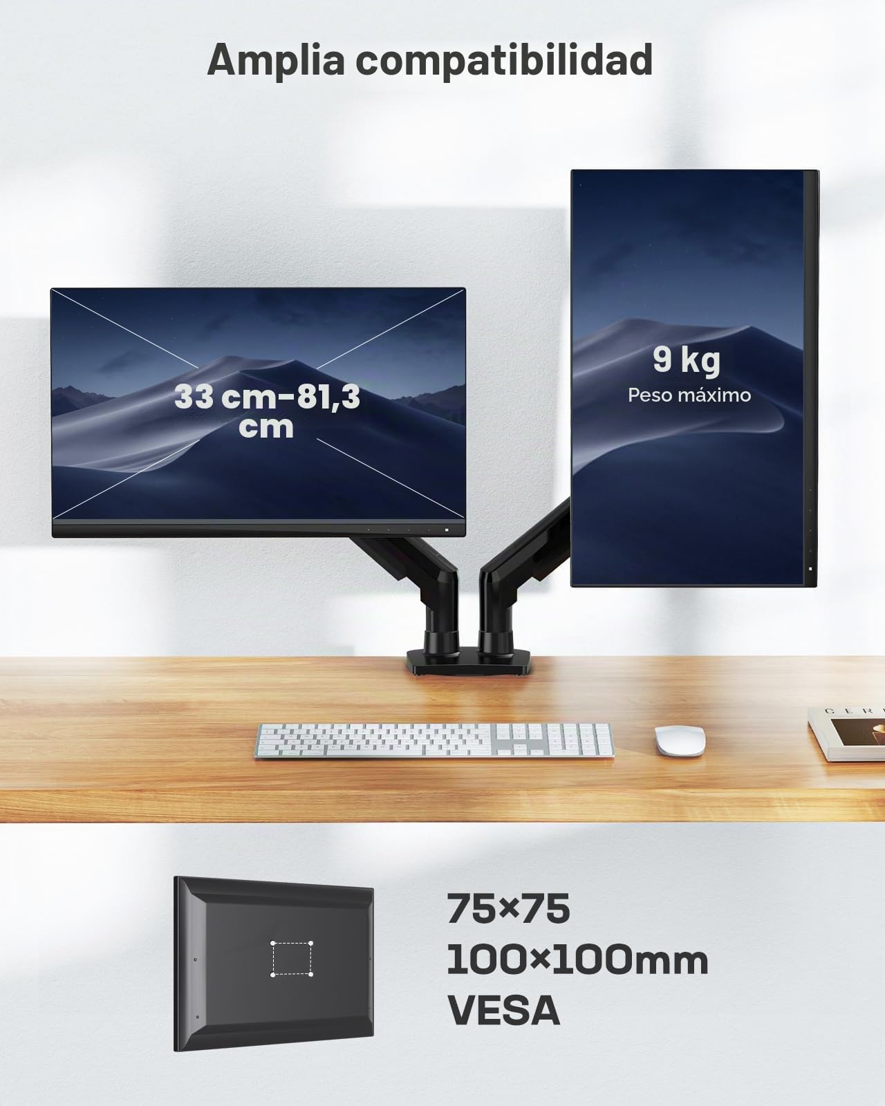 HUANUO Soporte Monitor Doble, Brazo Monitor de Escritorio para Pantallas de 13 a 32 Pulgadas, Ajuste de Altura con Inclinación, Giratorio, Rotar, VESA 75 & 100 mm, Carga Máxima 9kg