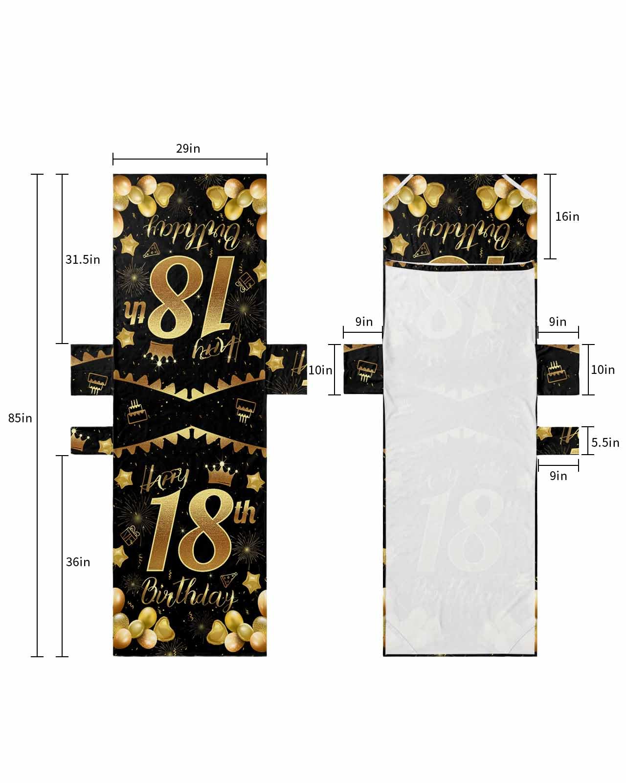 Happy 18th Birthday Beach Lounge Chair Towel Cover, Soft Chaise Lounge Towel with Side Pockets Patio Pool Chairs Cover for Beach/Pool Sunbathing 29x85 Black Golden Balloon Cake Fireworks