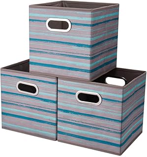 13 inch Collapsible Storage Cubes Bins Teal Stripes Fabric Storage Boxes Foldable Cube Inserts Storage Grey Printed Folding Cloth Storage Baskets Drawer Organizer ,QY-SC05-3