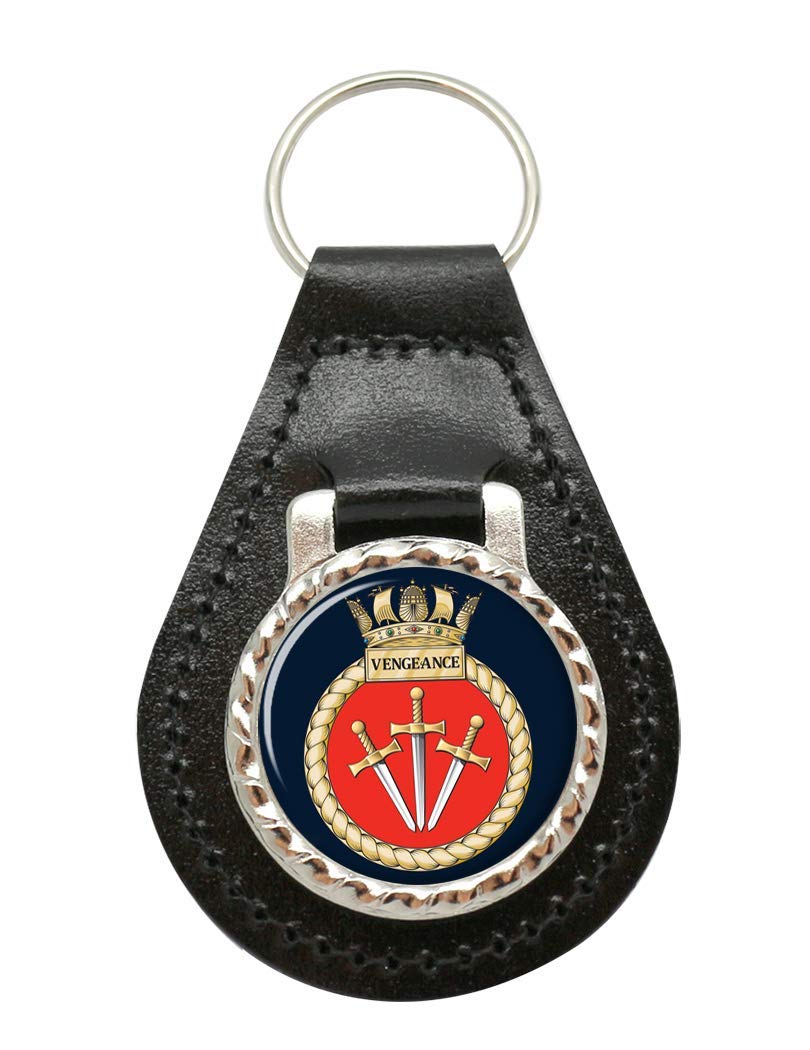 Giftshop Uk Unisex Black Leather And Silver Metal Hms Vengeance, Royal Navy Leather Key Fob