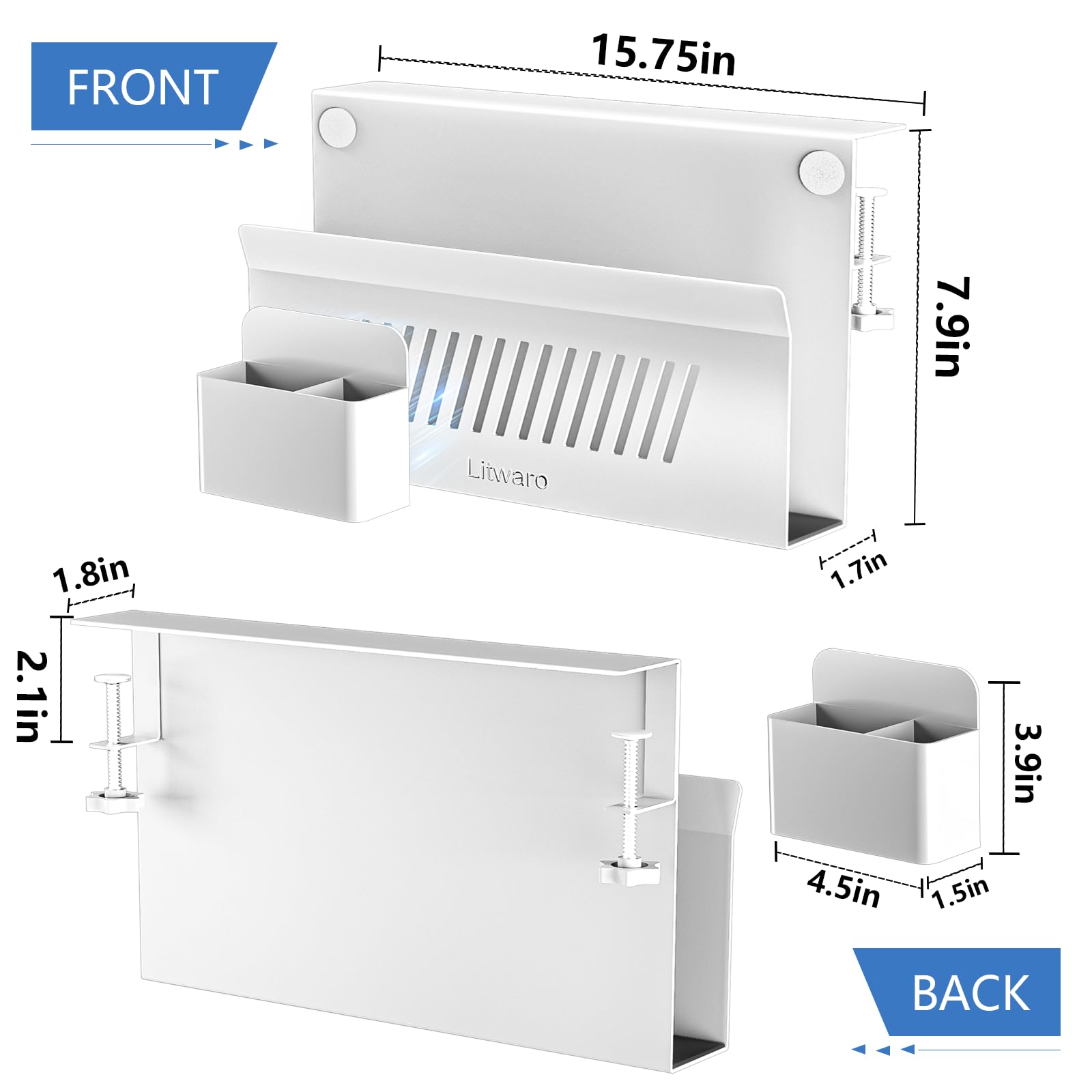 Litwaro Desk Side Storage Organizer, Under Desk Laptop Holder Clamp on Shelf, No Drill Mount With Magnetic Pen Holder, Hanging Organizer Fits Flat Edge 0.4" to 2.1" (White) - Image 2