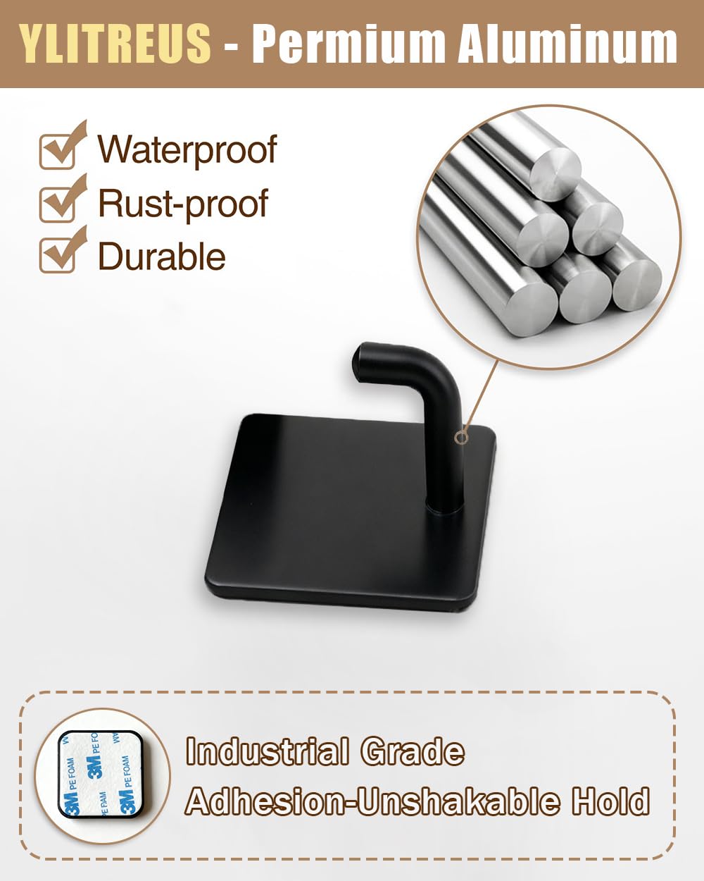 YLITREUS Ganci Adesivi 8 Pezzi - Ganci da Parete in Acciaio Inox Nero Senza Foratura per Bagno, Cucina, Soggiorno - Gancio Salvaspazio per Asciugamani e Gancio Autoadesivo per cappotti