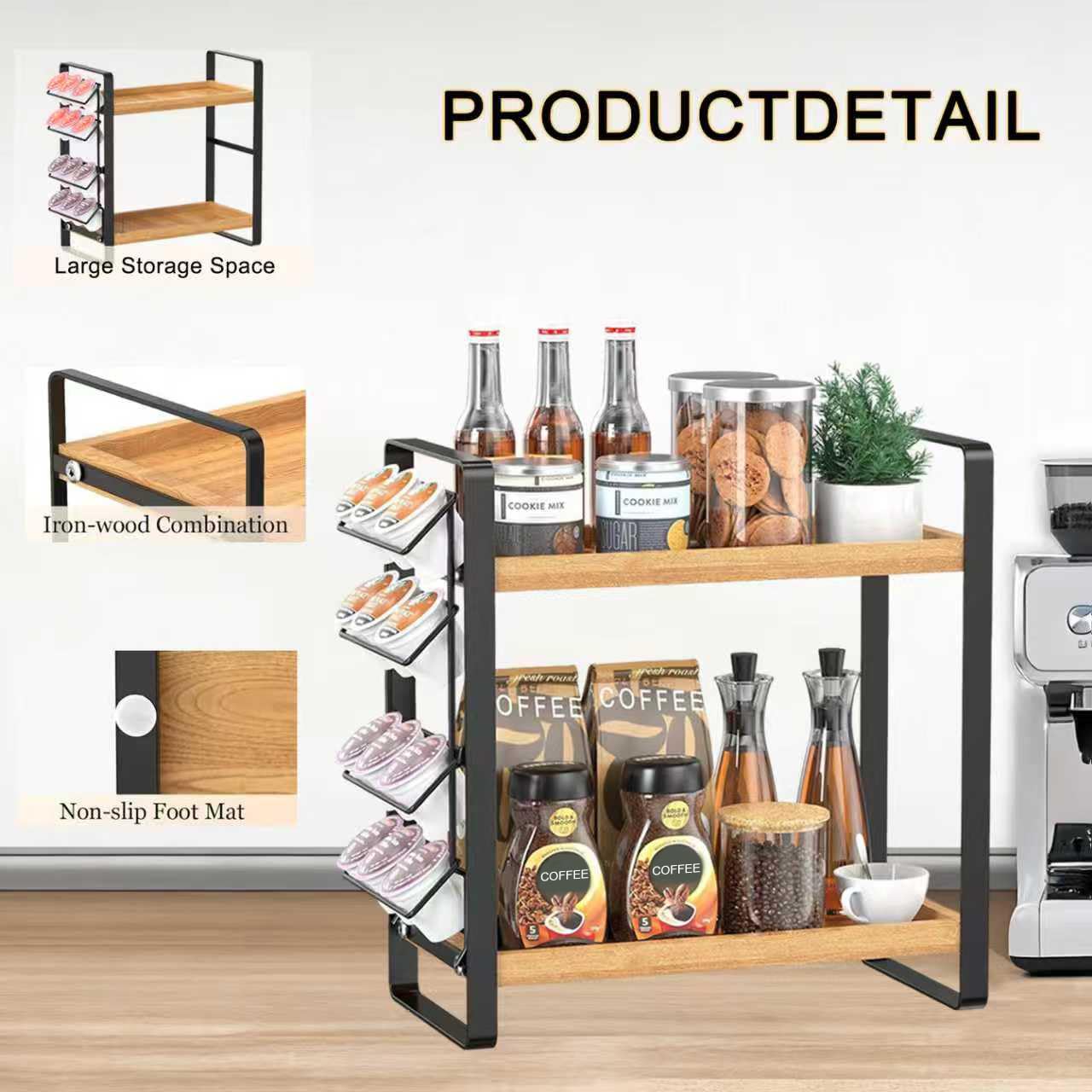 LEMIKKLE Organizador de estación de café para encimera, organizador de almacenamiento de condimentos para cocina, estante de madera de 2 niveles para accesorios de cafetería, organizador de barra de