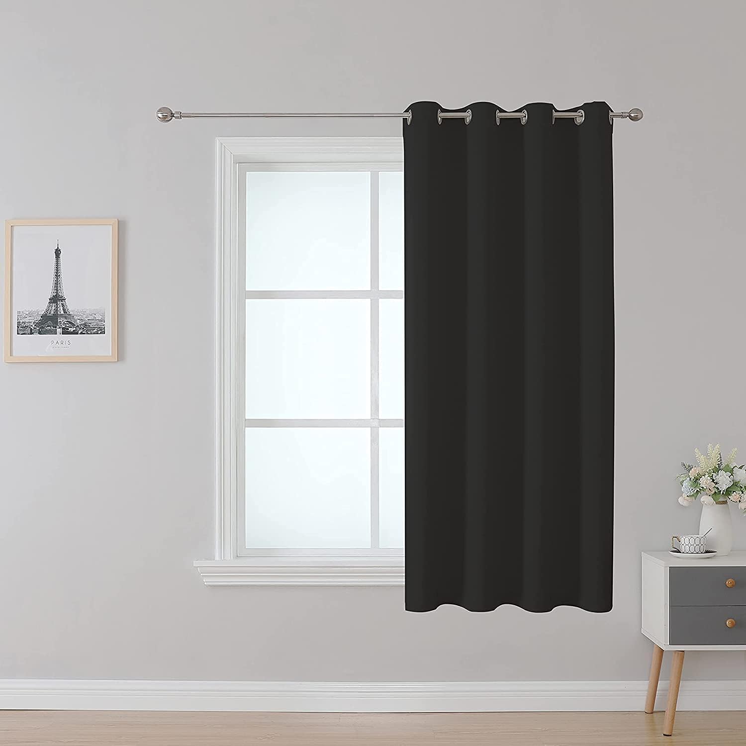 Fire Retardant Blackout Curtain - 1 Panel, Black Grommet Top for Small Dorm Room, NFPA 701, 52x63 Inch