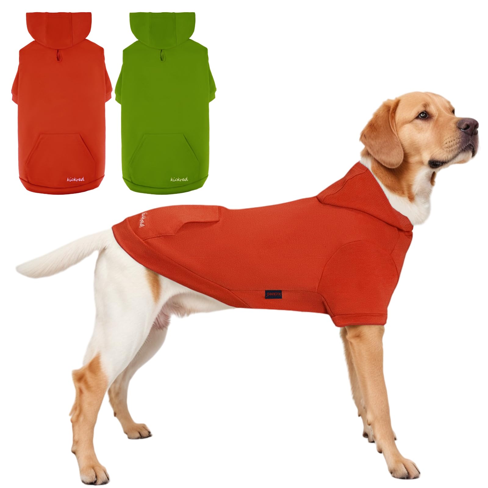 Kickred 2-Piece Basic Dog Hoodie & Sweatshirt Set, Soft Cotton Warm Coat with Pocket and Leash Hole for Small, Medium, Large Dogs, Green & Orange (XX-Large)