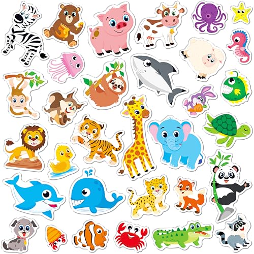 32PCS Animal Jelly Stickers, Farm/Marine/Wild Animals Thick Window Clings for Home, Classroom, Nursery, Removable Reusable Gel Cling Decals for Kids...