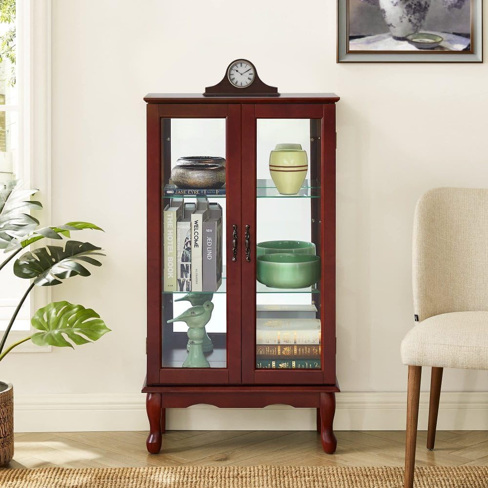 Vintage Style Glass Display Cabinet, Antique Cabinet with Lighting, Three-Layer Adjustable Shelves, Tempered Glass Doors, (E26 Bulbs not Included) (Cherry + MDF)