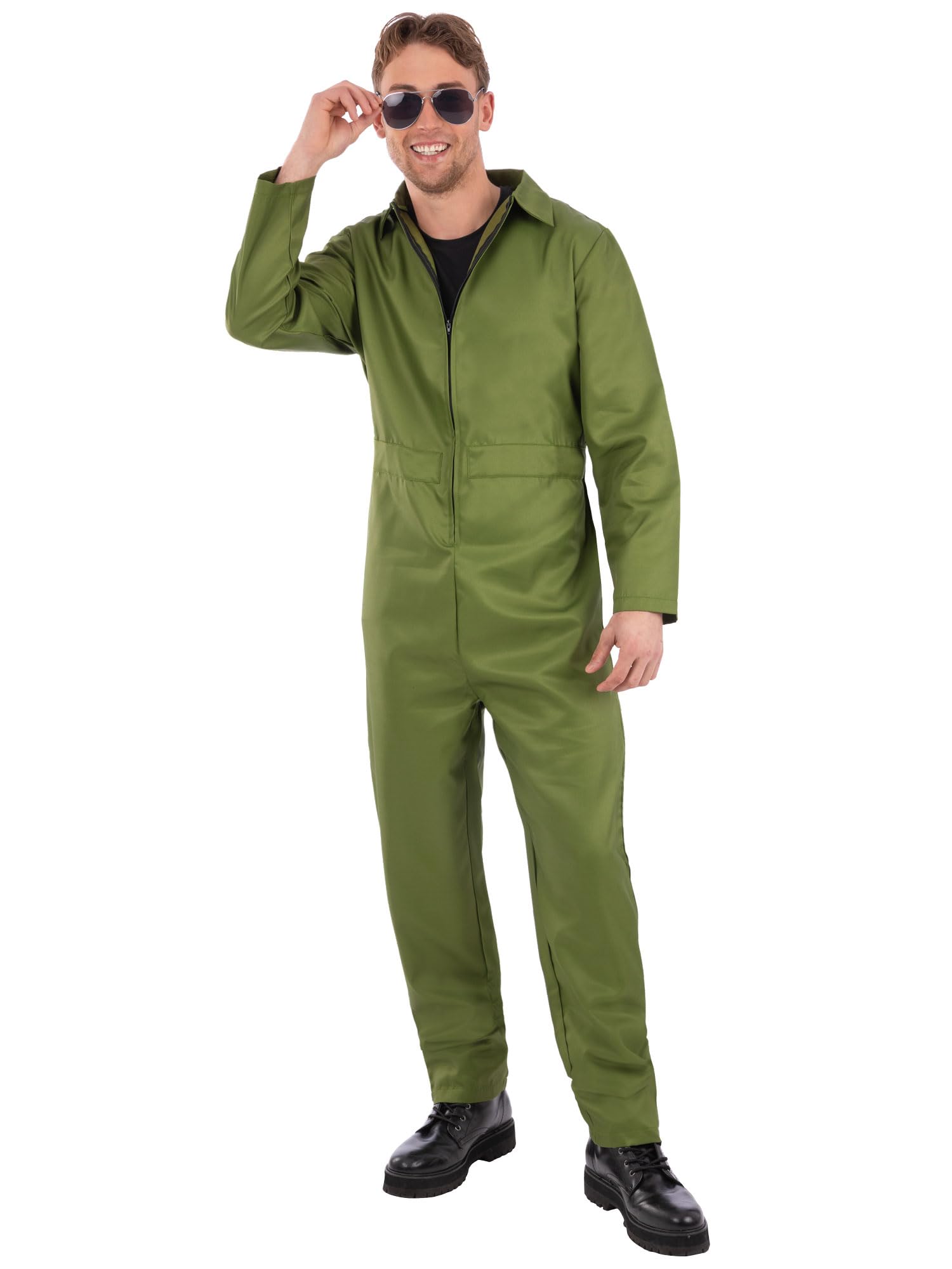Smiffys Adults Unisex Green Boiler Suit Costume All in One Jumpsuit Halloween Fancy Dress Outfit for Men and Women, Large