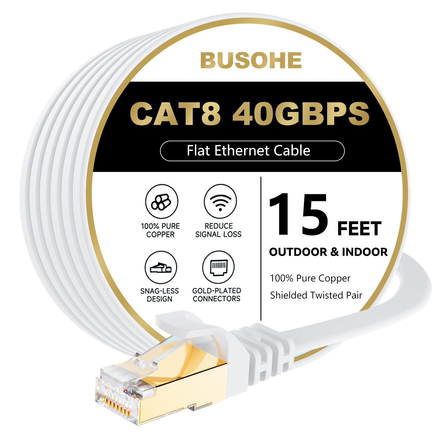 BUSOHE Cat 8 Ethernet Cable 15 FT, 40Gbps 2000Mhz High Speed Flat Cat8 Cable Patch Cord with Gold-Plated RJ45 Connector, LAN Network Internet Cable for Router/Gaming/Computer, S/FTP