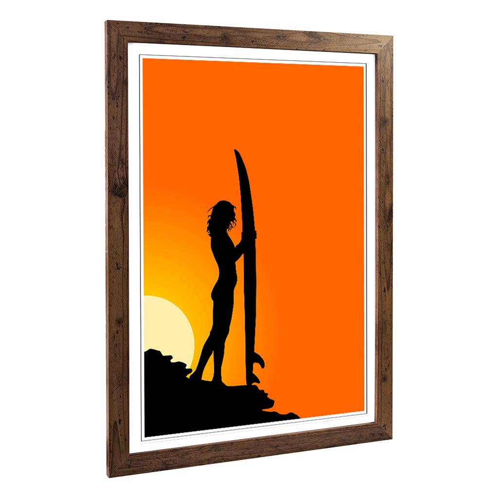 Big Box Art Framed Print of Surfer Surfboard Surfing Sunset Design | Wall Art Picture | Home Decor for Kitchen, Living Room, Bedroom, Hallway, Walnut, A2 / 24.5x18 Inch / 62x45cm