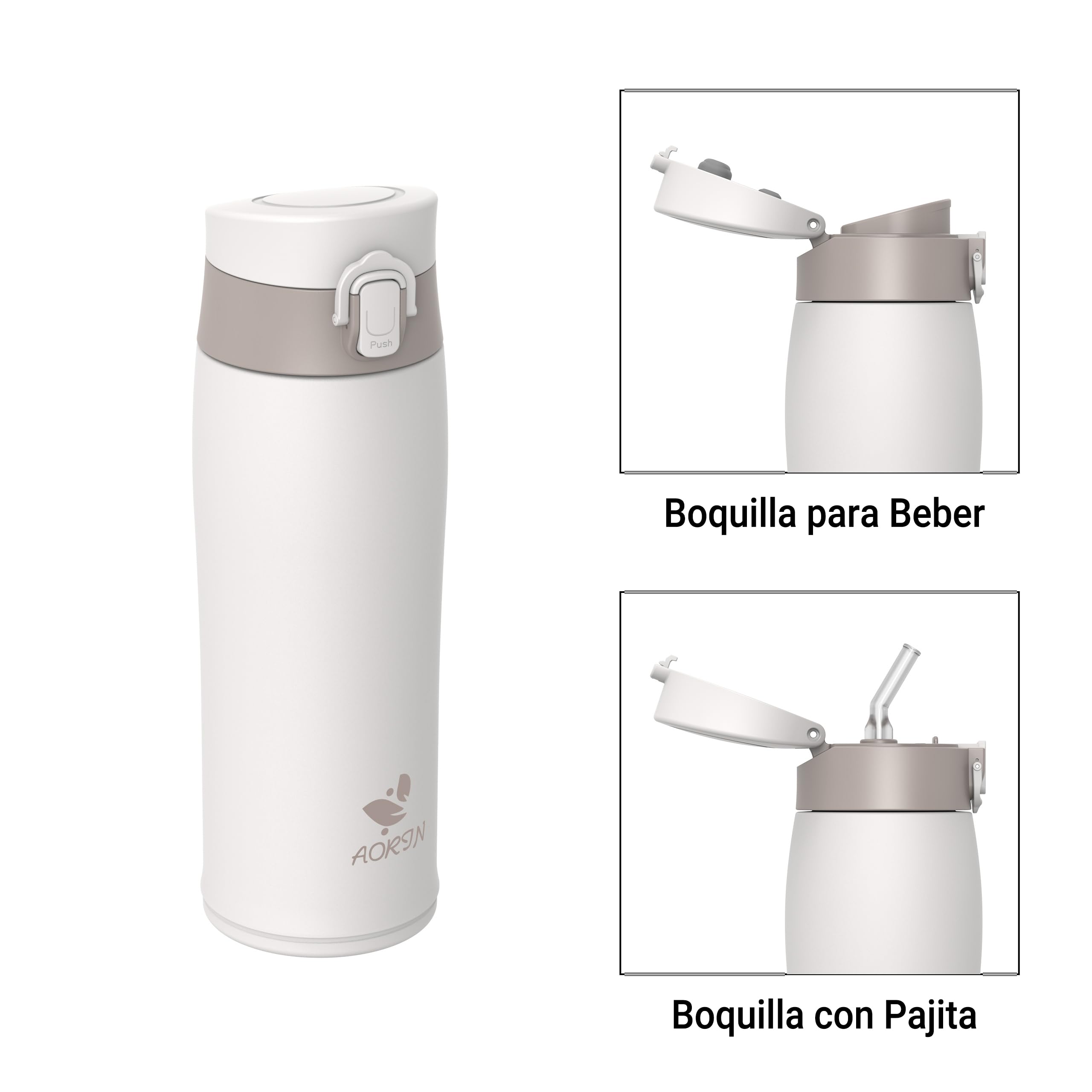 AORIN Botella Agua Acero Inoxidable 18/8 con 2 Tapas, 500ml Botella Agua Niños, Botella Térmica Anti-Fugas, Botella Gimnasio, Termo sin BPA para Deportes, Exterior, Viajes y Escuela — view 2