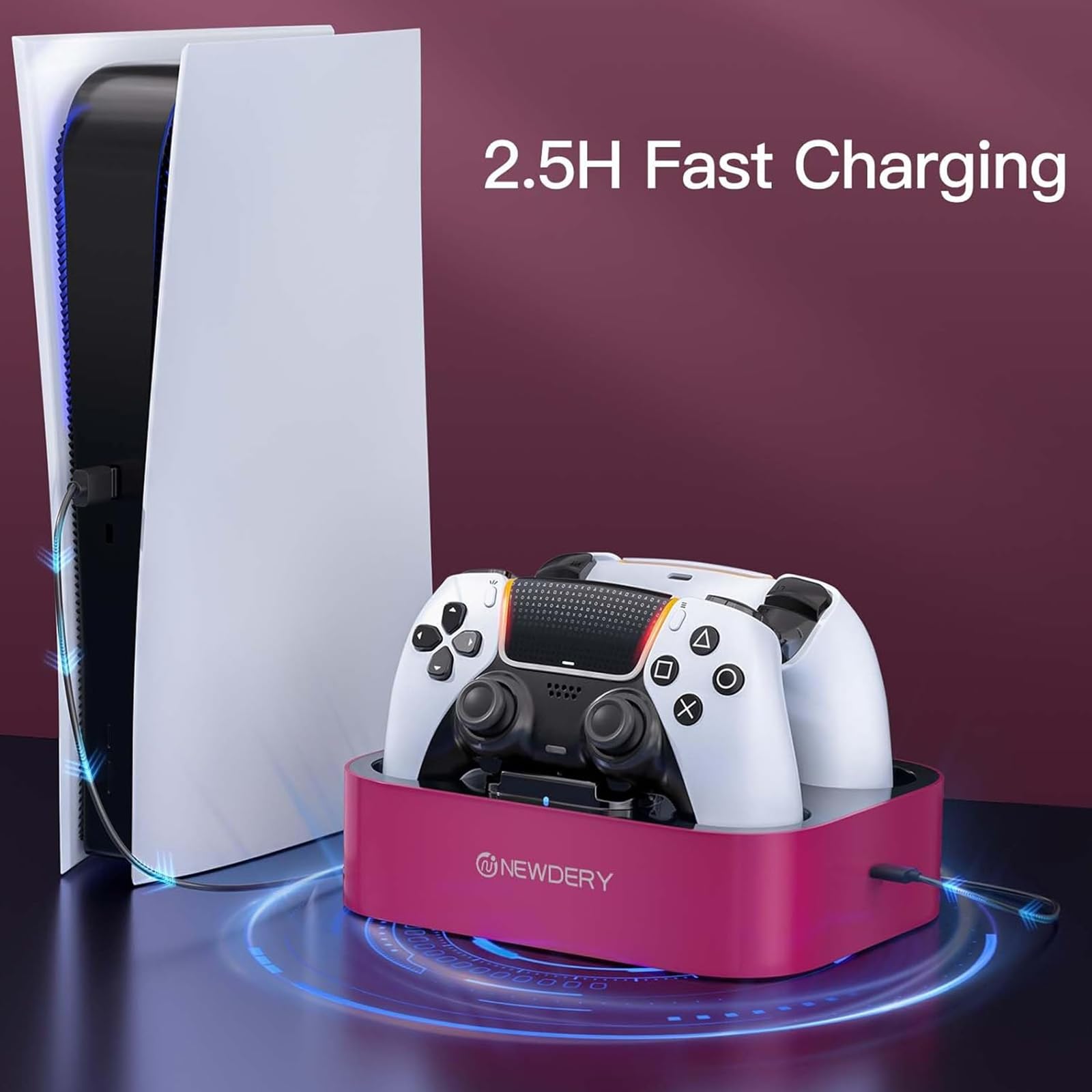 NEWDERY Stazione di ricarica per controller PS5 compatibile con Dualsense Edge, stazione di ricarica rapida con cavo, stazione di ricarica doppio controller per PlayStation 5 e Dual-Sense Edge