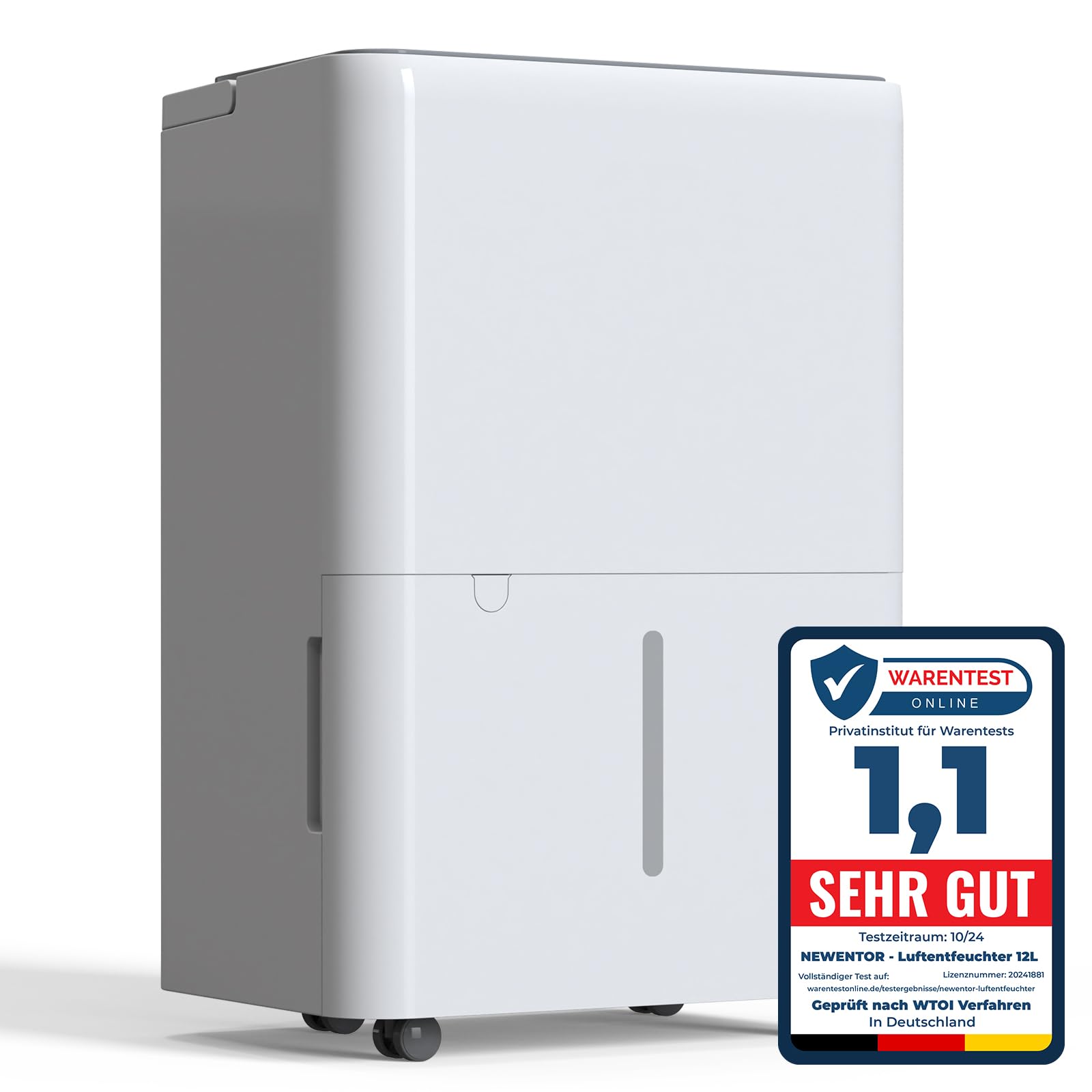 Newentor Luftentfeuchter Elektrisch 12L/Tag, Entfeuchter Elektrisch Keller 122m³/25m², Raumentfeuchter Elektrisch Leise 35dB, Mit 10 J. Gar., Ablaufschlauch, Abnehmbarem Filter, Timer