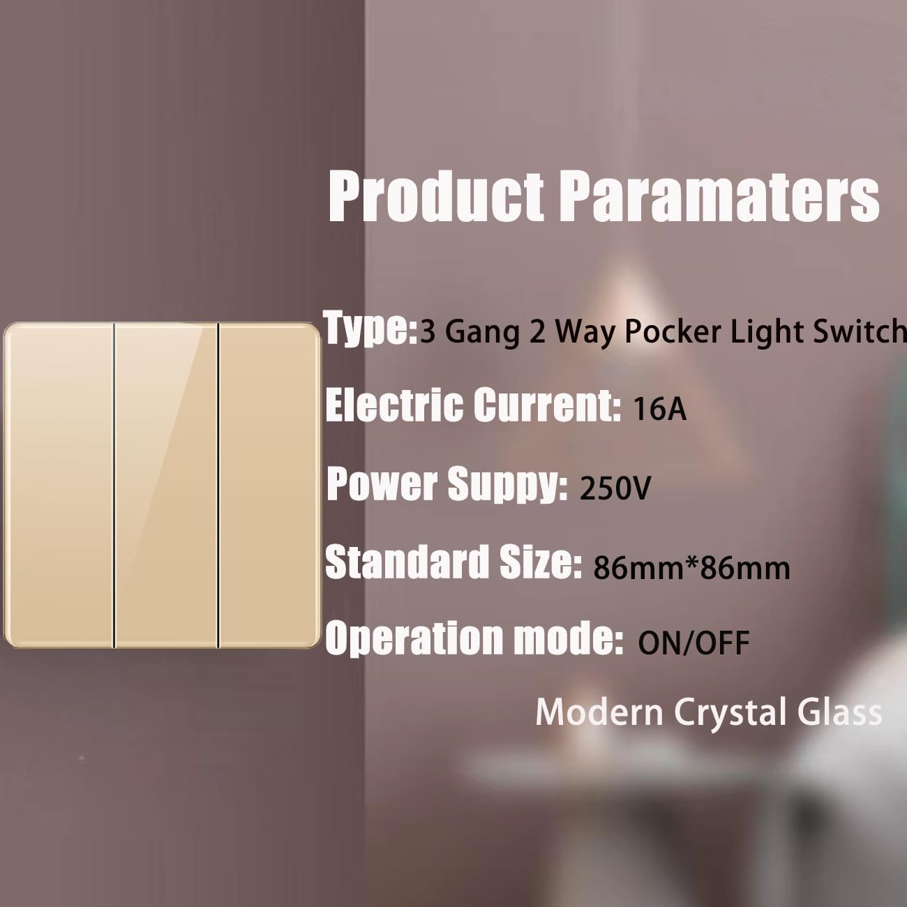 ZFQ 2-Way Big Rocker Button Switch, Modern Acrylic Crystal Glass Gold Wall Panel, Electrical Triple Light Switch - Image 2