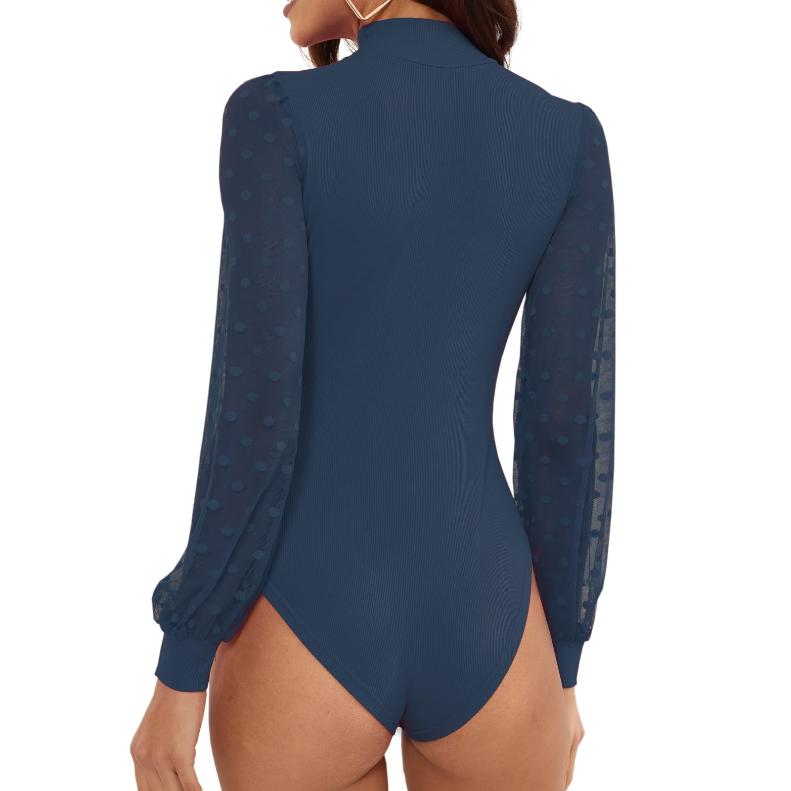Damen-Body mit Rollkragen, gepunktet, durchscheinendes Netzgewebe, langärmelig, gerippt