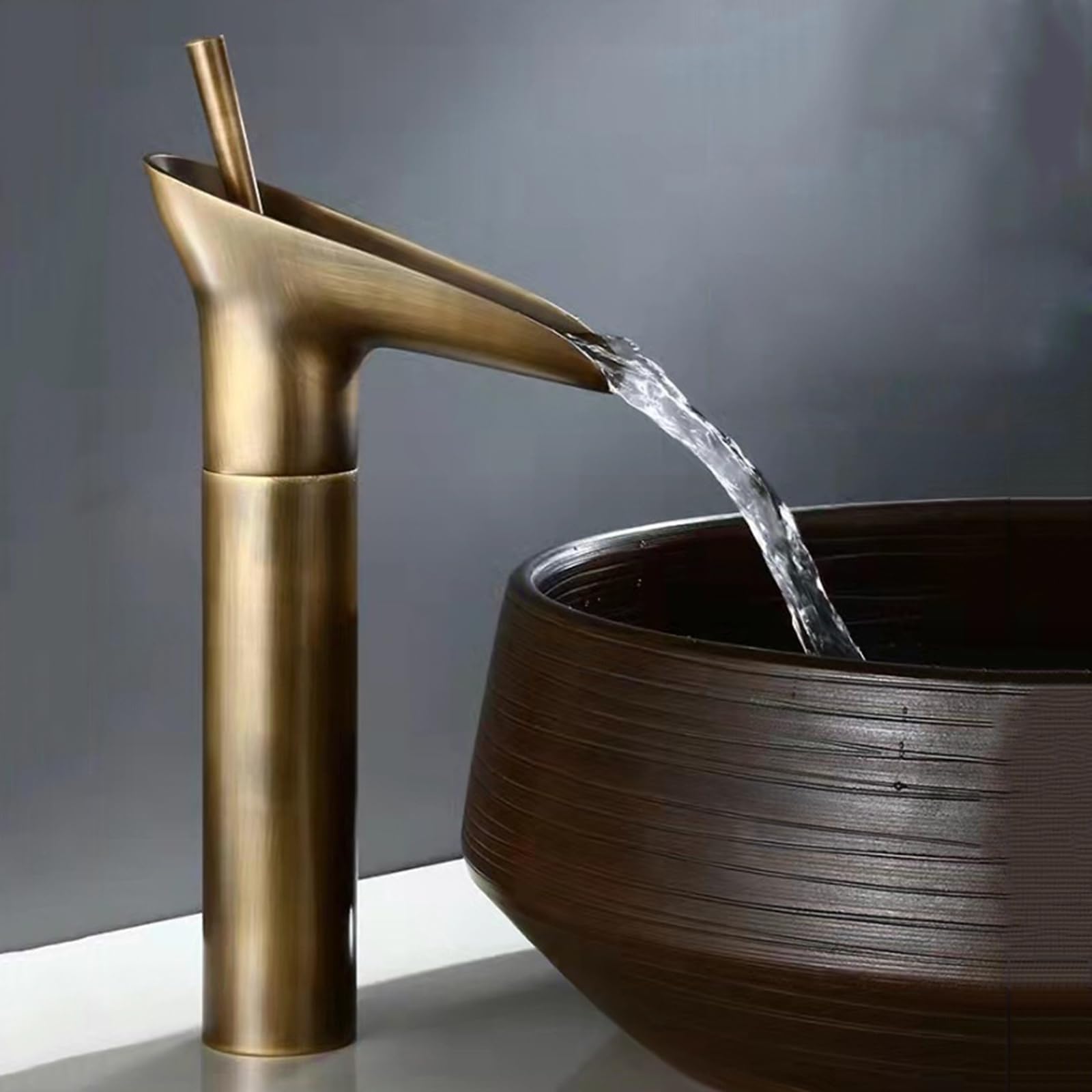 FQWNCIEG Waterfall Tap Tall 1 Hole Single Lever High Rise Basin Mixer Tap Hot and Cold Tall Sink Taps for Basin,Antique
