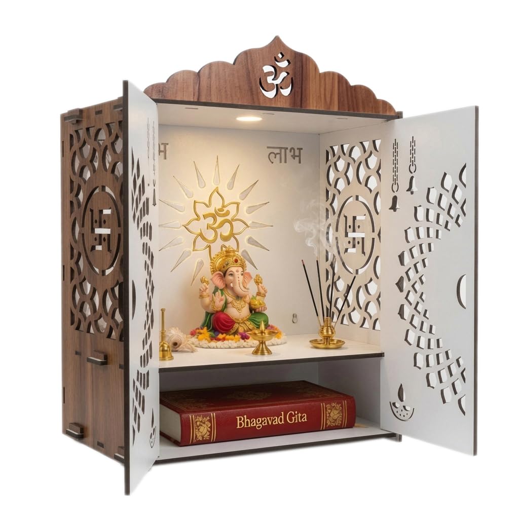 Beautiful Temple Mandir for Home with Door Wooden MDF | White Interior Pooja Temple with Storage Space | Wall Mounted & Tabletop Pooja Mandir for Home Office Decor (19.29 x 13.58 x 9.84 Inch)-image-27