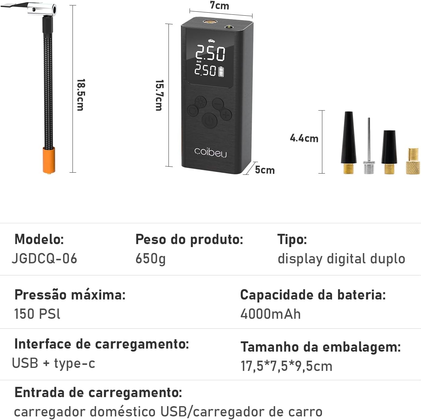 Compressor de Ar Portatil, Calibrador de Pneus Portatil, Bomba de Encher com Display Digital, Pré-sets de Pressão, Power Bank 4000mAh para Carros/Motos/Bicicletas e Bolas