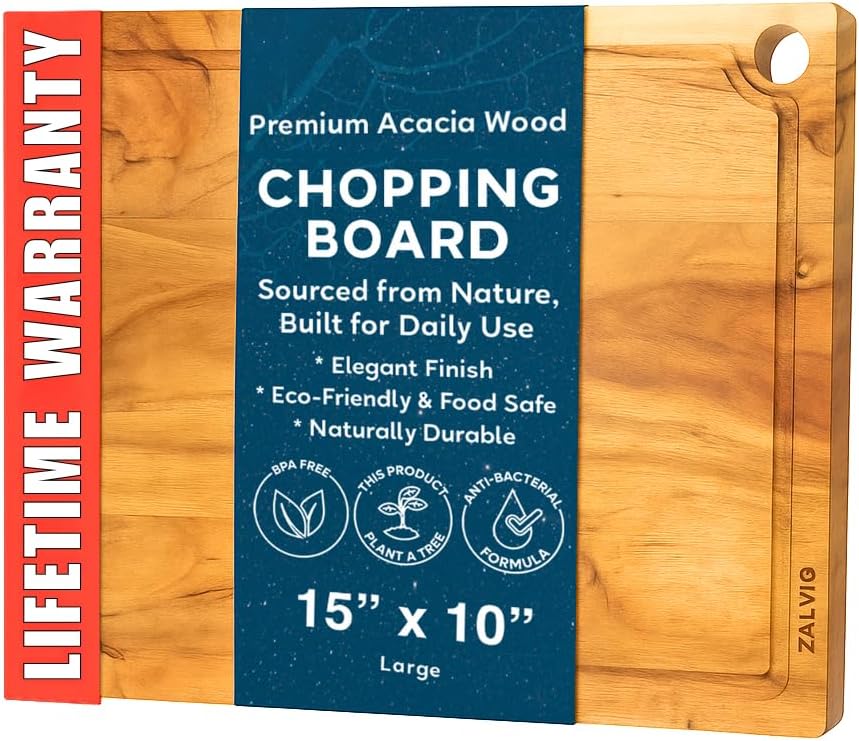 Zalvio Acacia Wood Cutting Board – Large Reversible Butcher Block with Juice Groove | Heavy-Duty Chopping Board for Meat, Cheese, Vegetables & Serving Tray