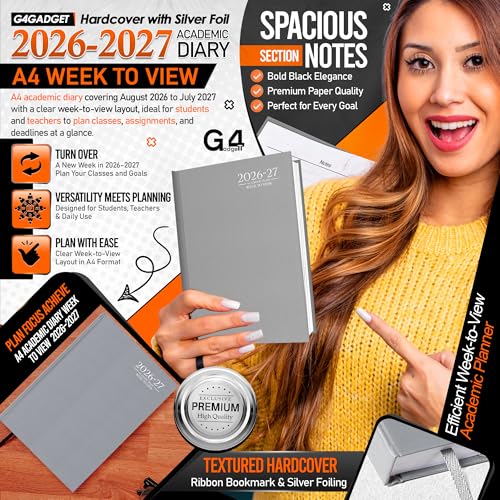 G4GADGET Agenda scolaire semainier 2026-2027 - Format A4 - Couverture rigide grise - Août 2026 à juillet 2027 - Semainier - Pour étudiants et enseignants - Agenda scolaire - Calendrier et – vue 2