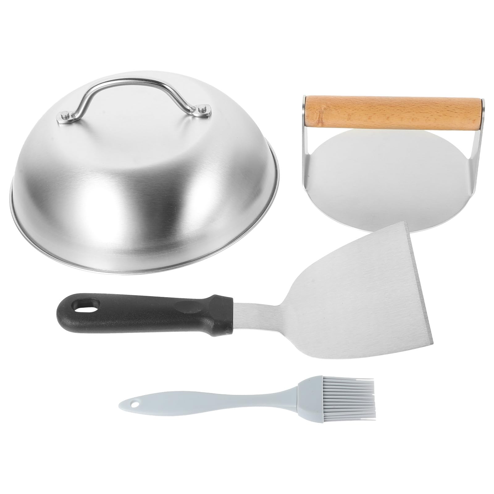 UKCOCO Burgerpresse aus Edelstahl mit Griff 1 Satz für Grill und Küche | Edelstahl, Holz und Silikon, Stabile Ausführung, zum Pressen von Burgerfleisch, 4 Stück