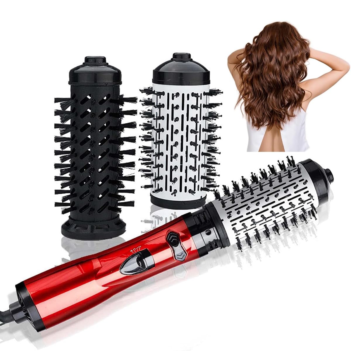 3-in-1 Hot Air Styler & Rotating Hair Dryer Brush with 2 Interchangeable Brushes | Anti-Frizz Ionic Technology for Straightening, Drying & Curling | 3 Heat Settings & 360° Rotation (Red)