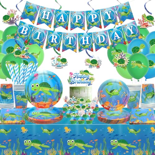 Obussgar décoration et fête d'anniversaire tortue - Fournitures avec bannière, assiette, gâteau, tasse, serviette, ballon, nappe (LQ)