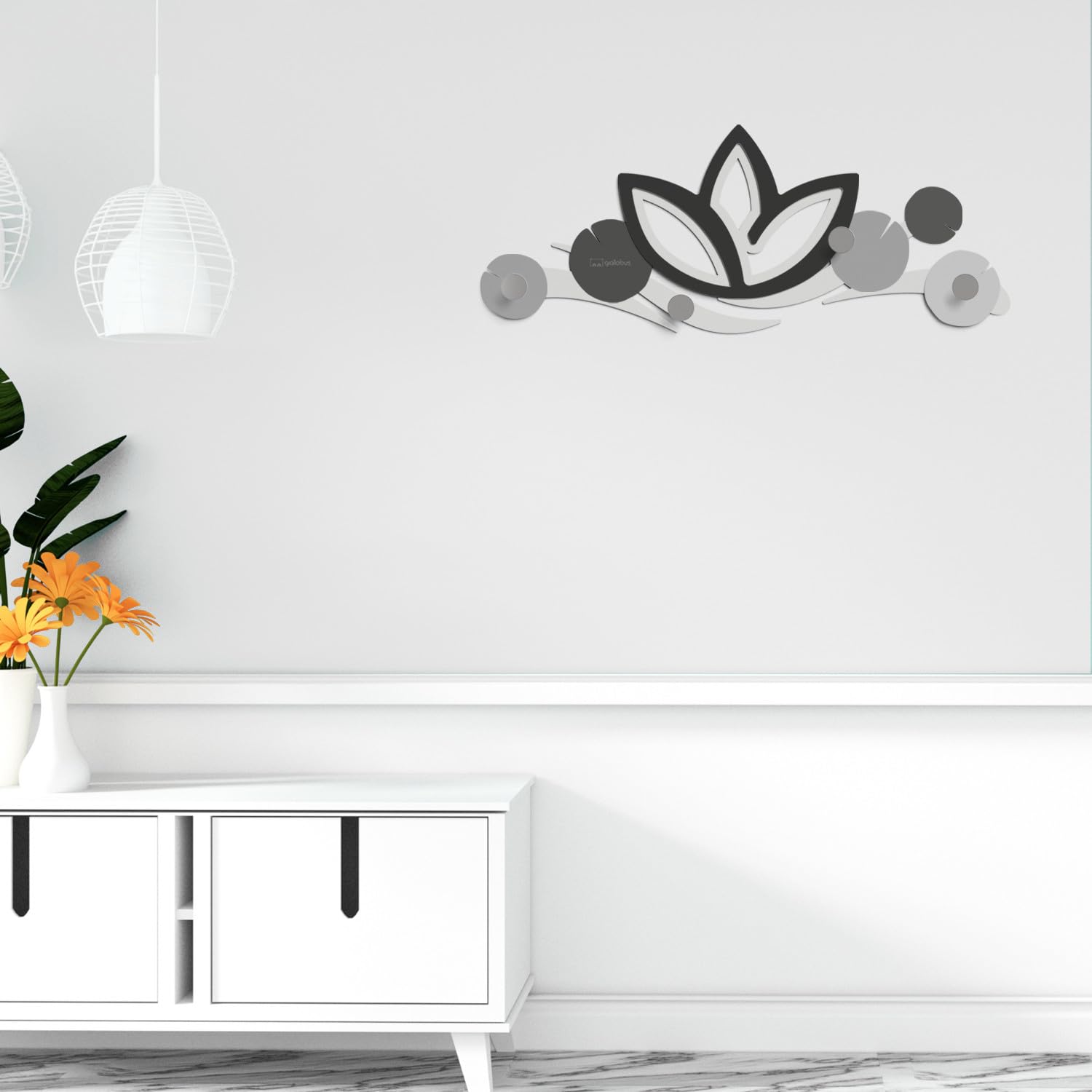 Giallobus - Appendiabiti da parete 4Me - 10 - Lotus flower - Legno Mdf + Alluminio - 60L x 25l cm - 04 - M - Attaccapanni da Muro con 4 Ganci in Alluminio e Legno