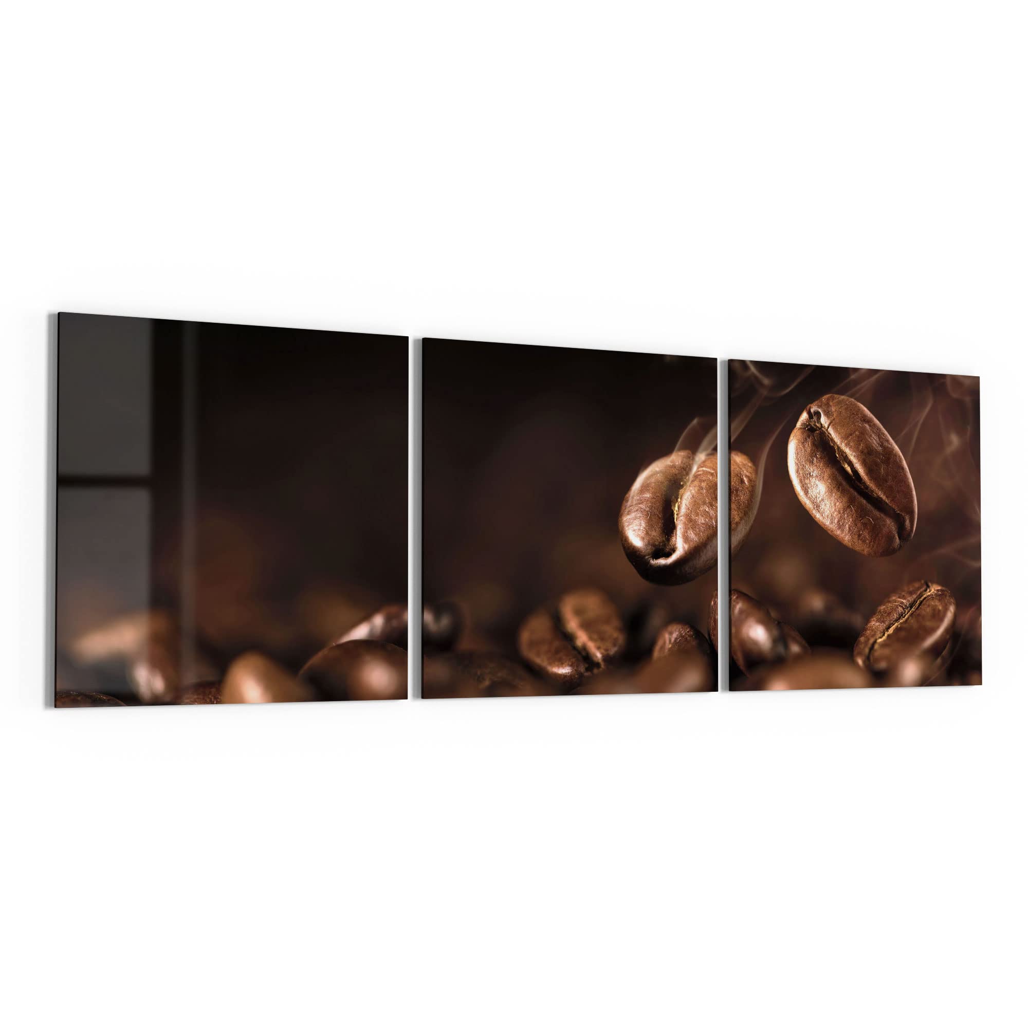 DEQORI Obrazy na szkle z prawdziwego szkła, motyw pachnących ziaren kawy, poziome, 3-częściowe, 150 x 50 cm, duża dekoracja XXL, obrazy ścienne do salonu, sypialni, przedpokoju i kuchni, nowoczesna dekoracja ścienna