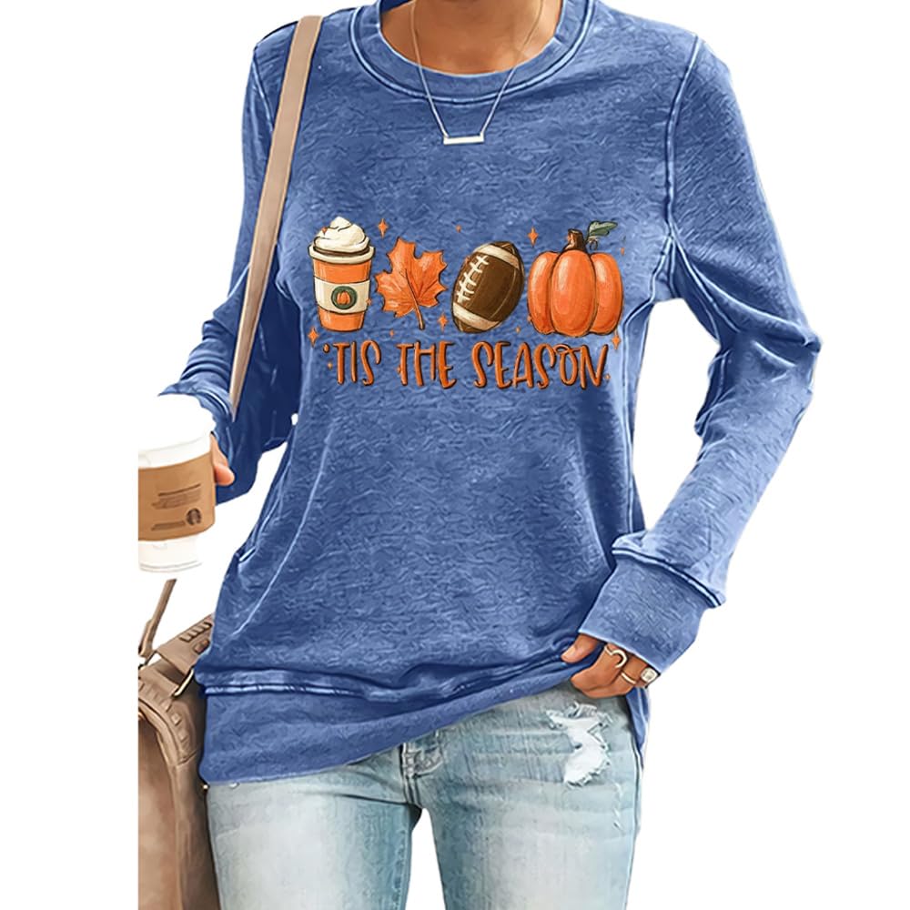 Ladies Tis The Season Fall Top Pumpkin Fave Football Leaf Coffee Mug Cute Long Sleeve Graphic Shirt Tops Blue XL