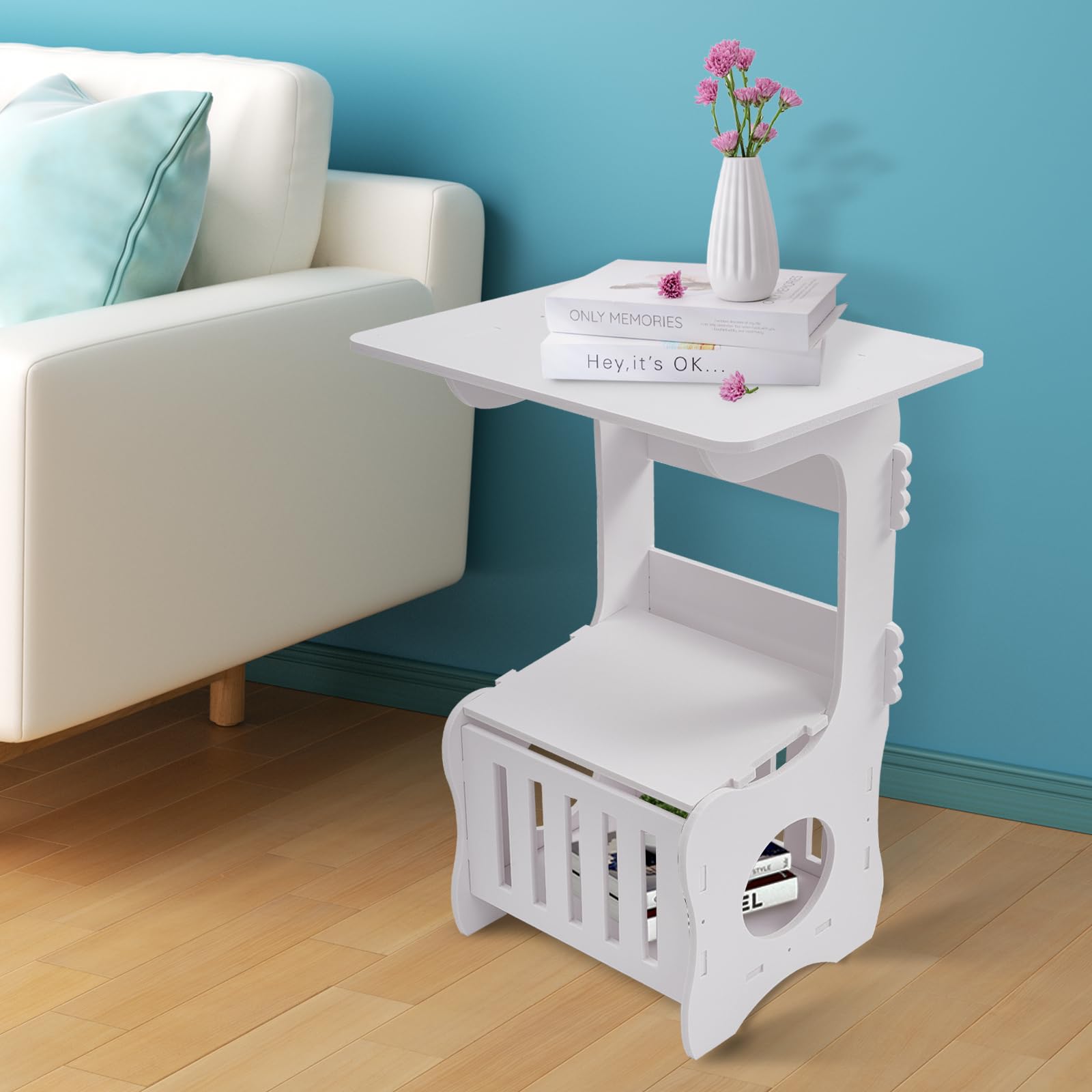 M.J COMFY-LIFE Slim Side Table 3-Tier Storage Table Narrow Bedside Storage Shelves, White Modern Nightstand for Small Spaces Bedroom Living Room Hallway Home Office (Square desktop with lid, White)