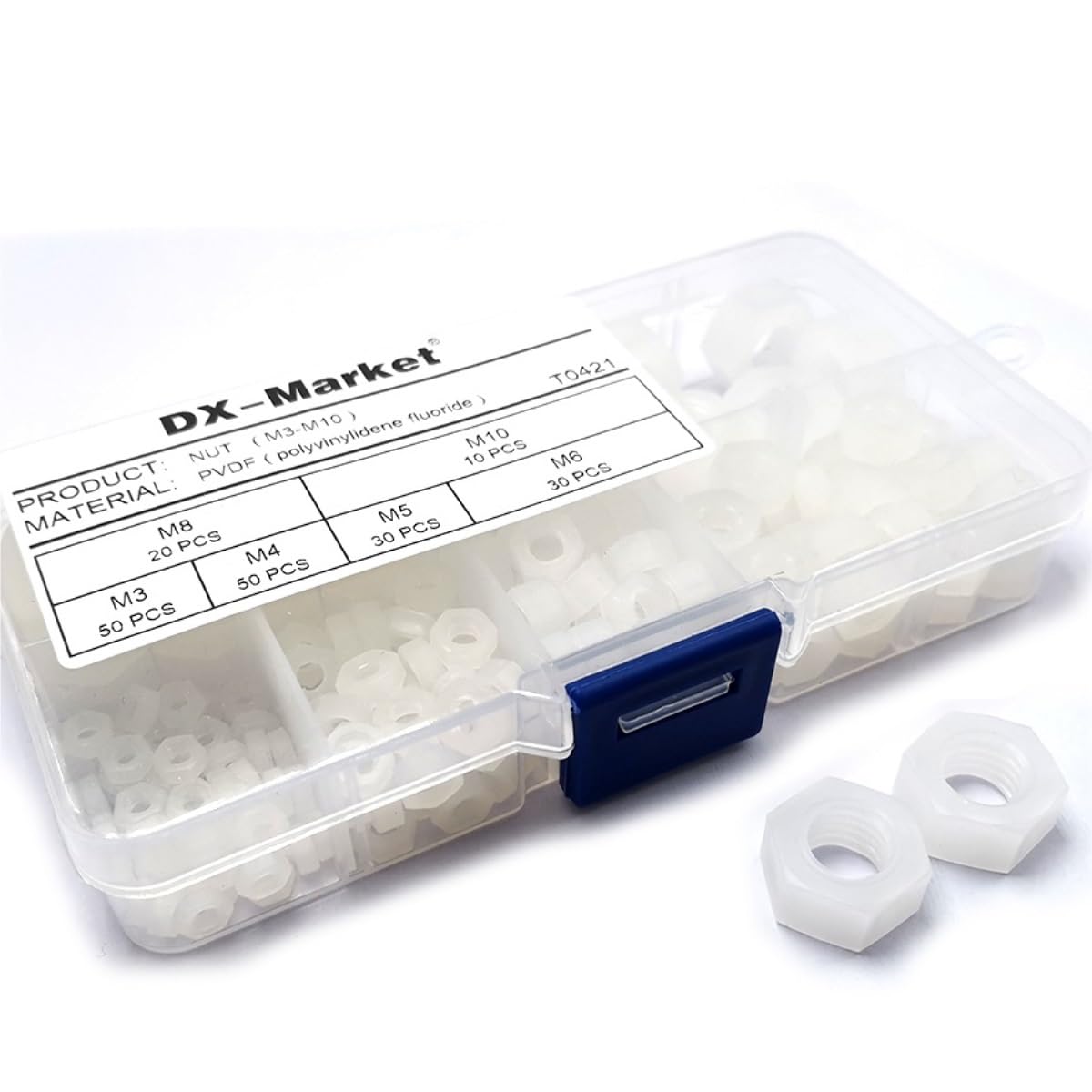 Kit de tuercas hexagonales de plástico PVDF, tuerca hexagonal de fluoruro de polivinilideno, F014(M3-M10 Kit -T0421)