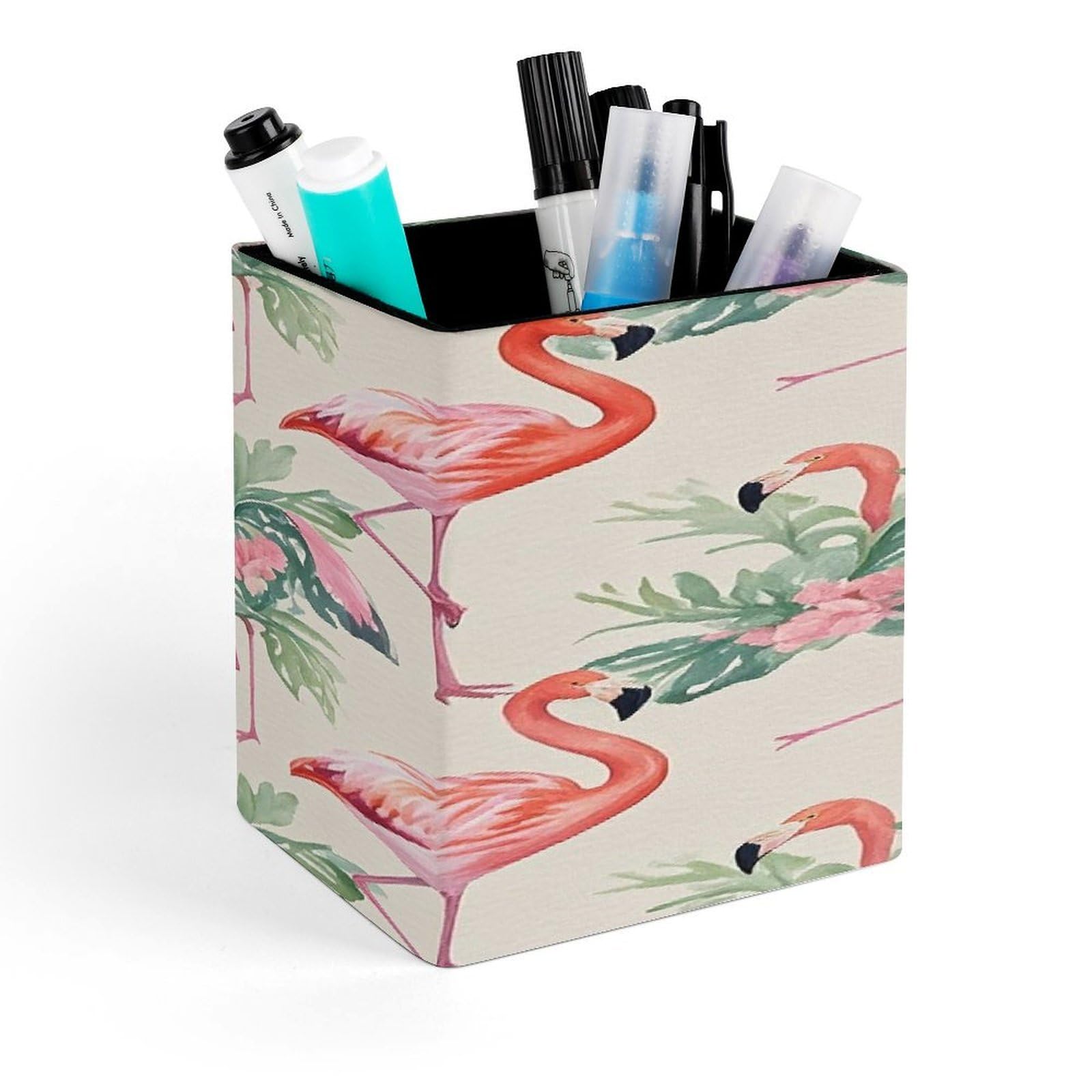 FekiLoot Watercolor Flamingo Pencil Holder for Desk Square Leather Pen Holder Cup Desktop Organizer Multi-Functional Pencil Cup Holders Modern Decorative Desk Organizer Caddy Makeup Brush Holders
