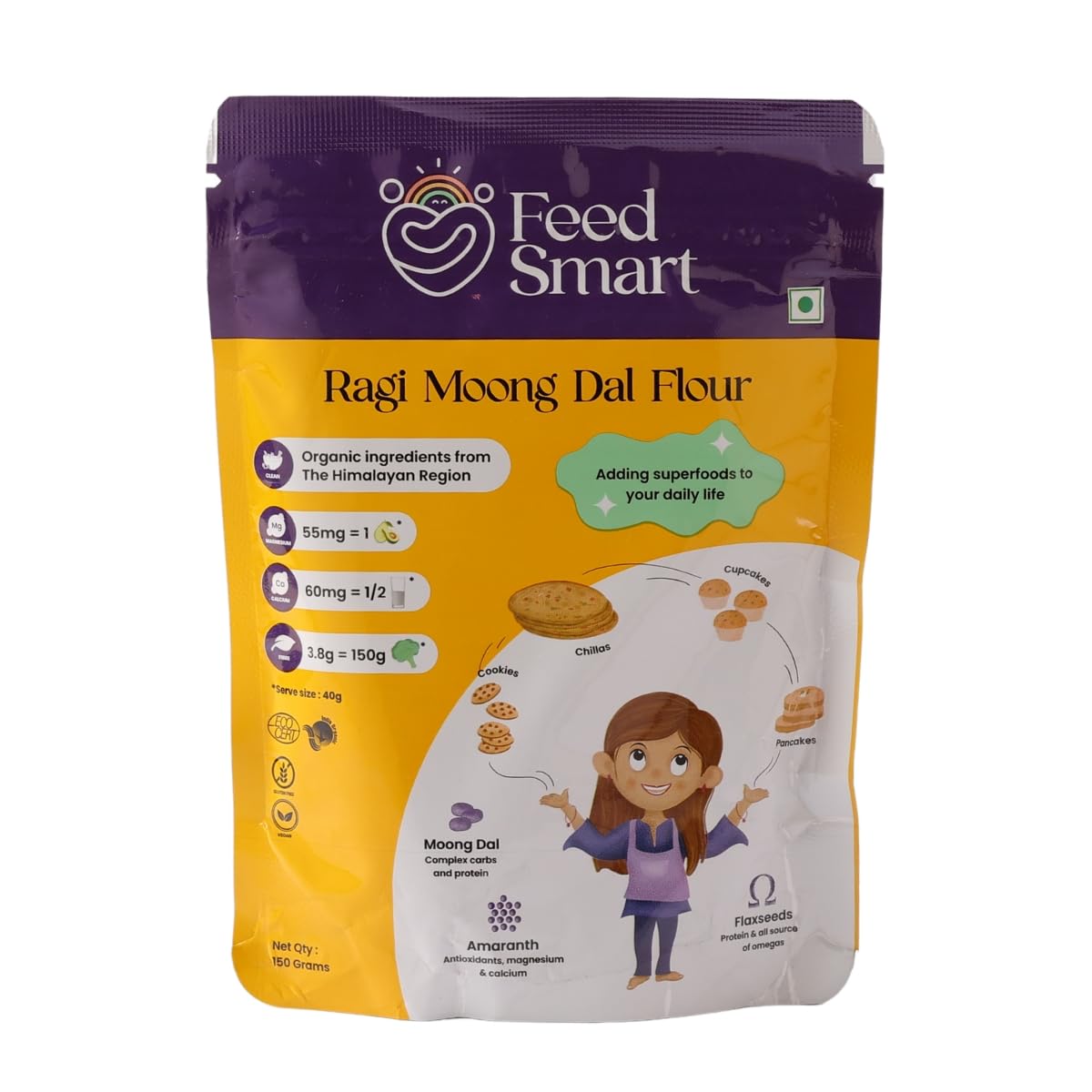 Feed Smart Nutrient-Rich Flour Blend: Moong Dal| Ragi | Red Rice| Amaranth| Beetroot| Roasted Almond & Flaxseed | Baking Soda | Ginger | Vanilla & Pepper Powders | Pack of 1 (150 gram)