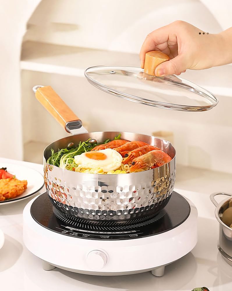Stainless Steel Saucepan With Steamer,Food Grade 304, Milk Sauce Pan Traditional Japanese Small Cooking Pot With Wood Handle And Two Side Spouts(7 inches)
