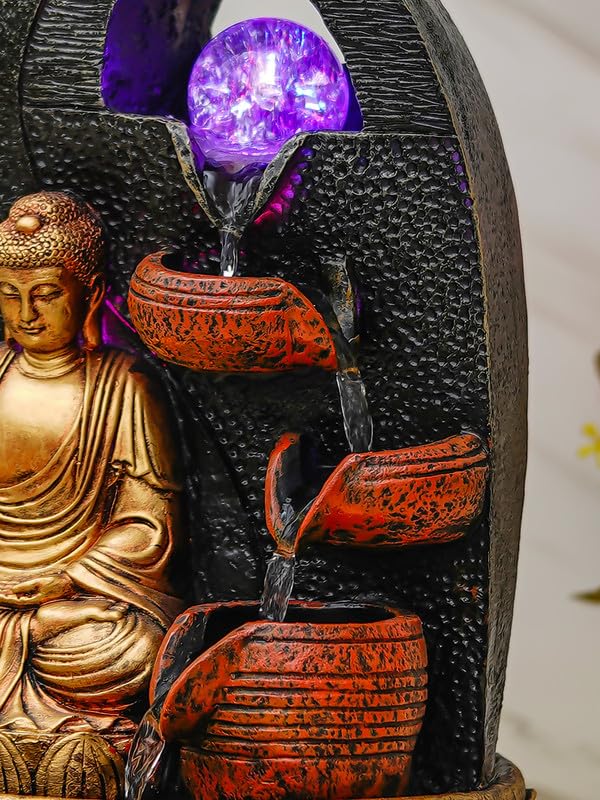 Image of Golden Brown Polyresin Tabletop Buddha 4 Step Indoor Water Fountain for Home Decor with LED, Speed Control Pump (Size: 24 x 18 x 36 CM | Weight: 1740Gram)