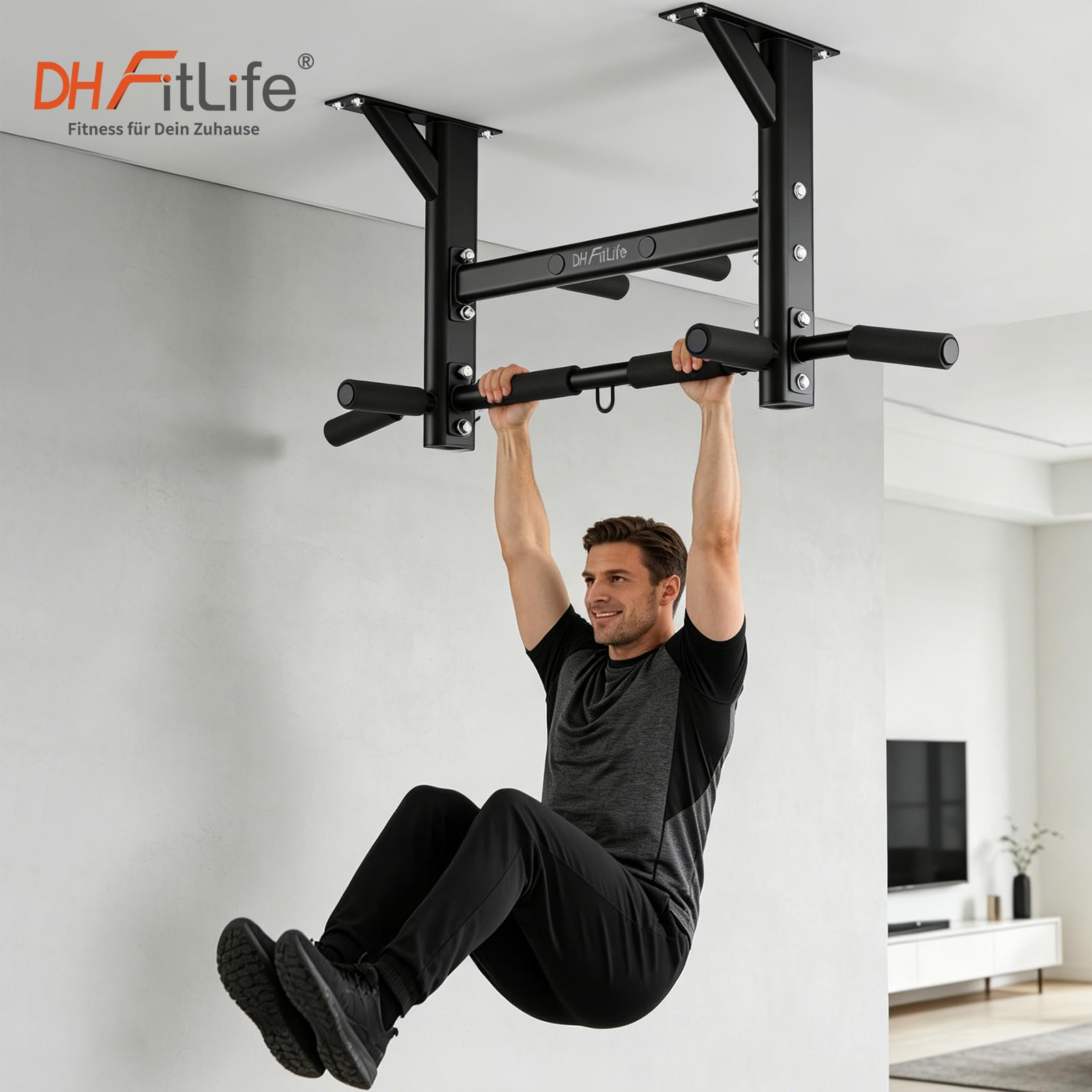 DH FitLife Barra Dominadas Techo 200 kg – Barra Multifuncional 4 en 1 para Calistenia y Gimnasio en Casa, 3 Ojales para Saco de Boxeo y Cintas de Suspensión