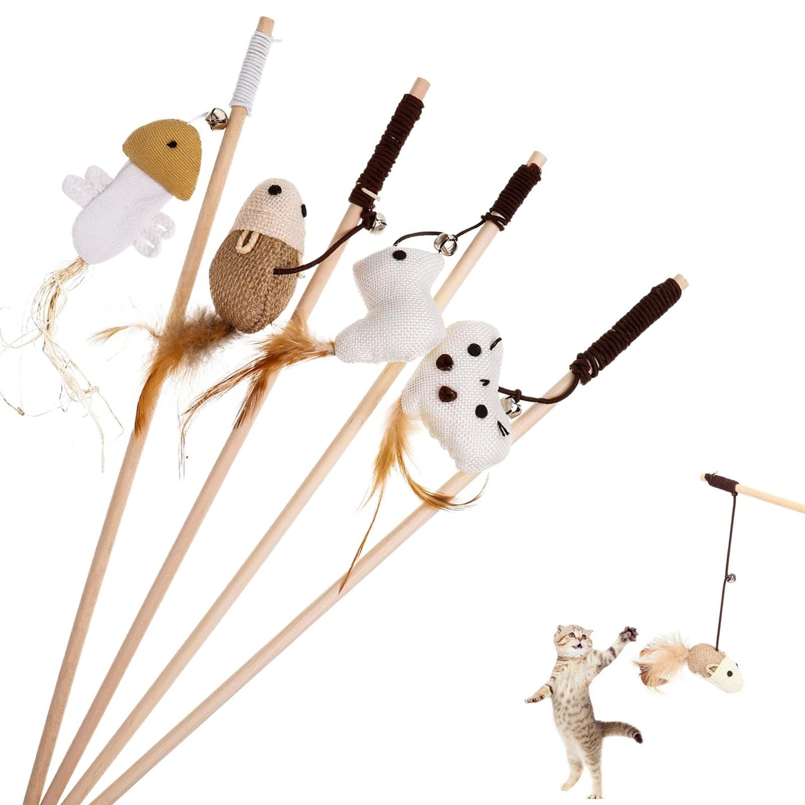 4 Pcs Juguete Pluma de Gato Interactivo Pesca para Gatos con Ventosa Juguetes para Gatos con Campana para Juguetes Interior Gatos