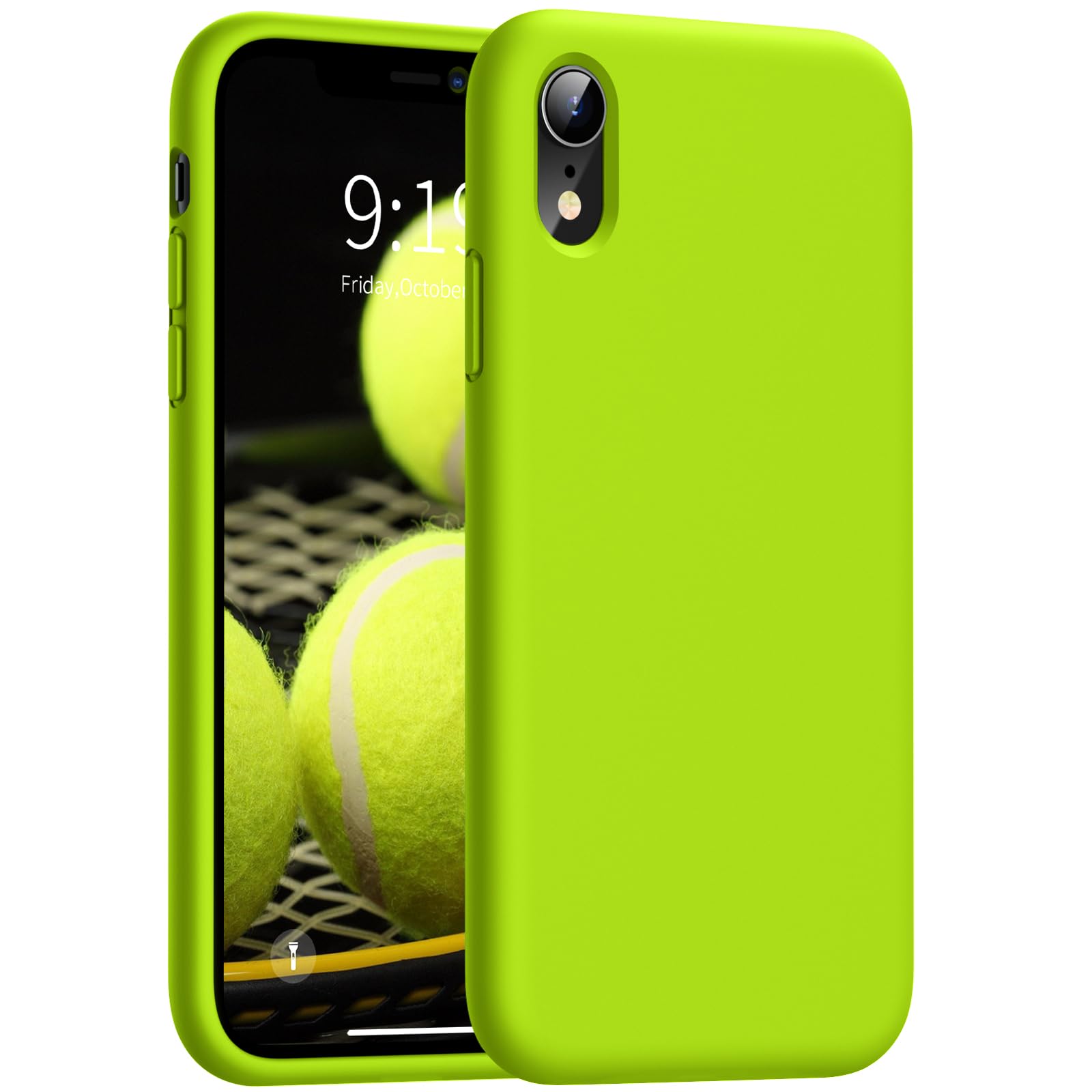 OUXUL iPhone XR Case, Full Covered Shockproof Phone Case Flexible Liquid Silicone Gel Rubber Cover, Slim Fit Protective Phone Case 6.1 inch with Soft Anti-Scratch Microfiber Lining(Fluorescent Yellow)