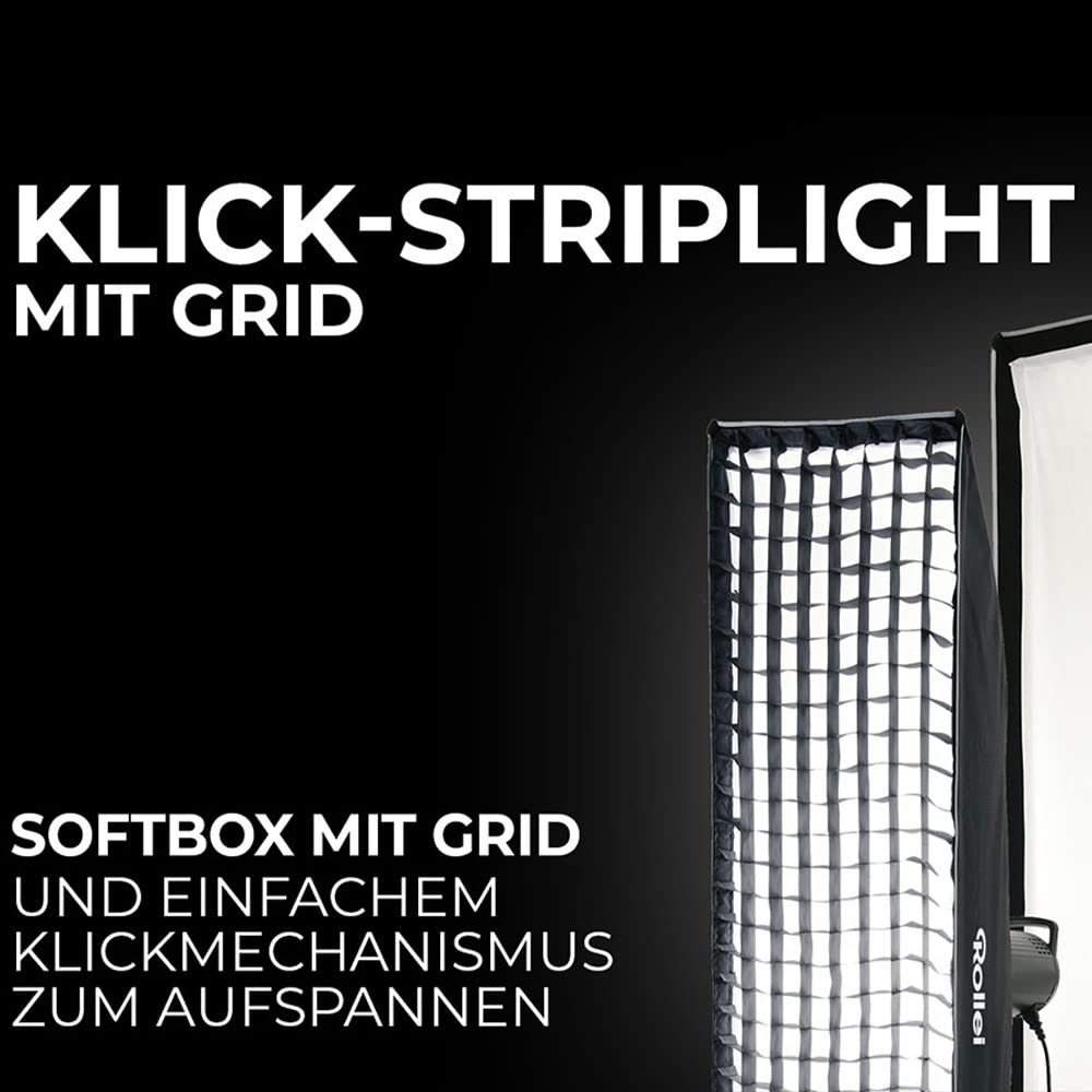 Rollei Klick-Striplight 35 cm x 140 cm Softbox z Grid. Łatwy montaż na klik, idealny do fotografowania mody i portretów.