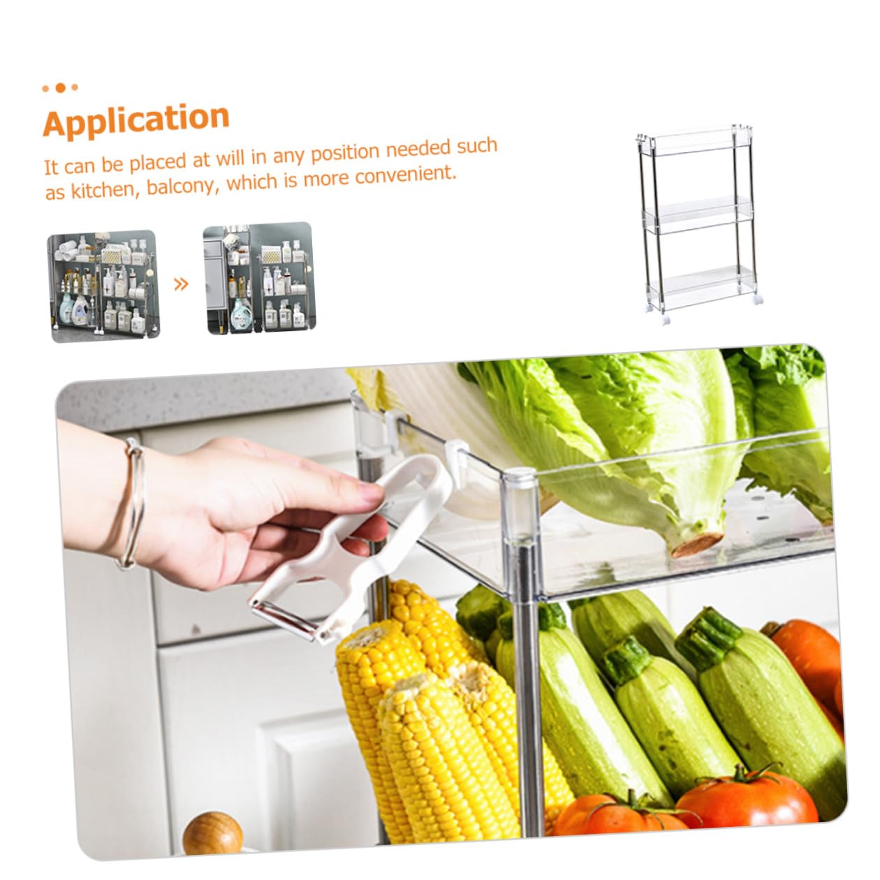 Scaffale Organizzatore da Cucina Trasparente a 3 Ripiani con Ruote | Pet e Acciaio Inossidabile, Spazio Ampio per Spezie e Giochi, Uso su Balcone