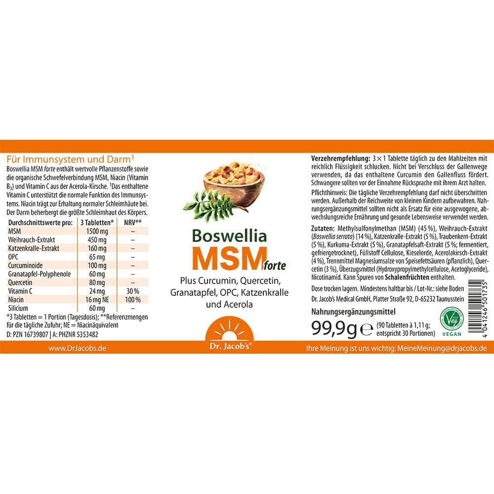 Boswellia MSM forte I Weihrauch, MSM (organischer Schwefel), Katzenkralle, Curcumin, OPC, Quercetin, Granatapfel I für Immunsystem¹, Schleimhäute und Darm² I 90 Tabletten, 30 Portionen I vegan