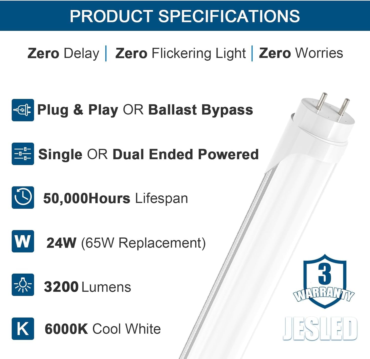 ジィストT8 JESLED T8 4FT LED Type A+B Light Bulbs, 24W 3000LM 5000K